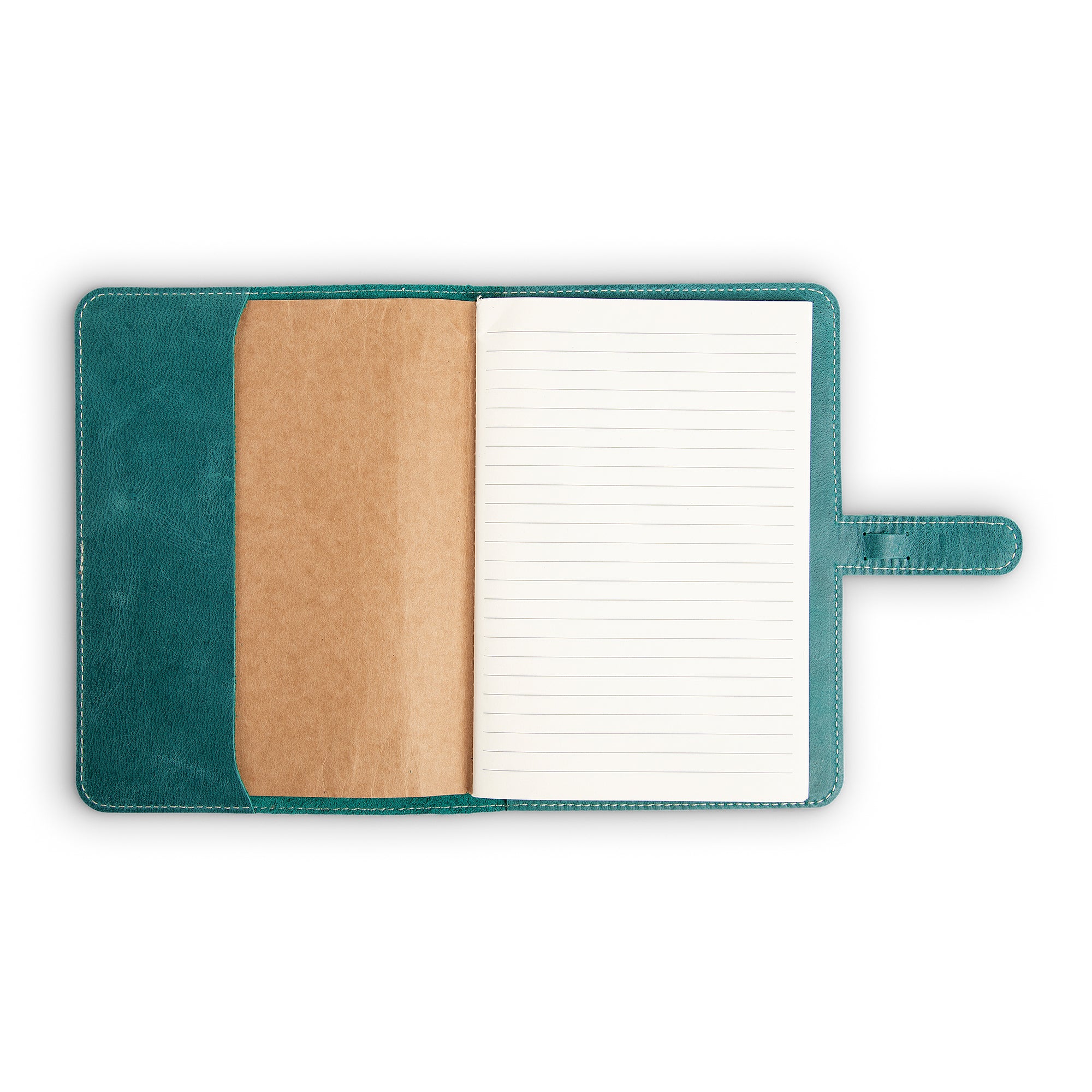 DuPage Turquoise Green journal open to show lined paper refill on right, natural vachetta slip pocket at center, and turquoise buffalo leather interior on left, with strap tab on right side.
