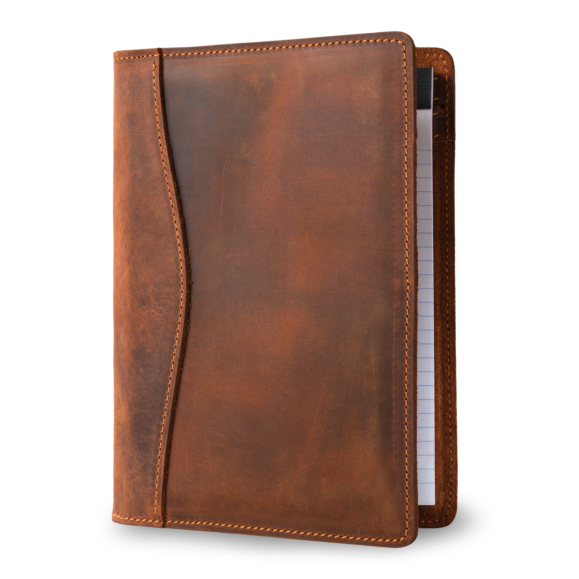PEGAI Eriksen Jr. padfolio in mahogany Dallas Crazy Horse waxy pull-up leather, standing slightly open with a lined legal pad visible along the right edge.
