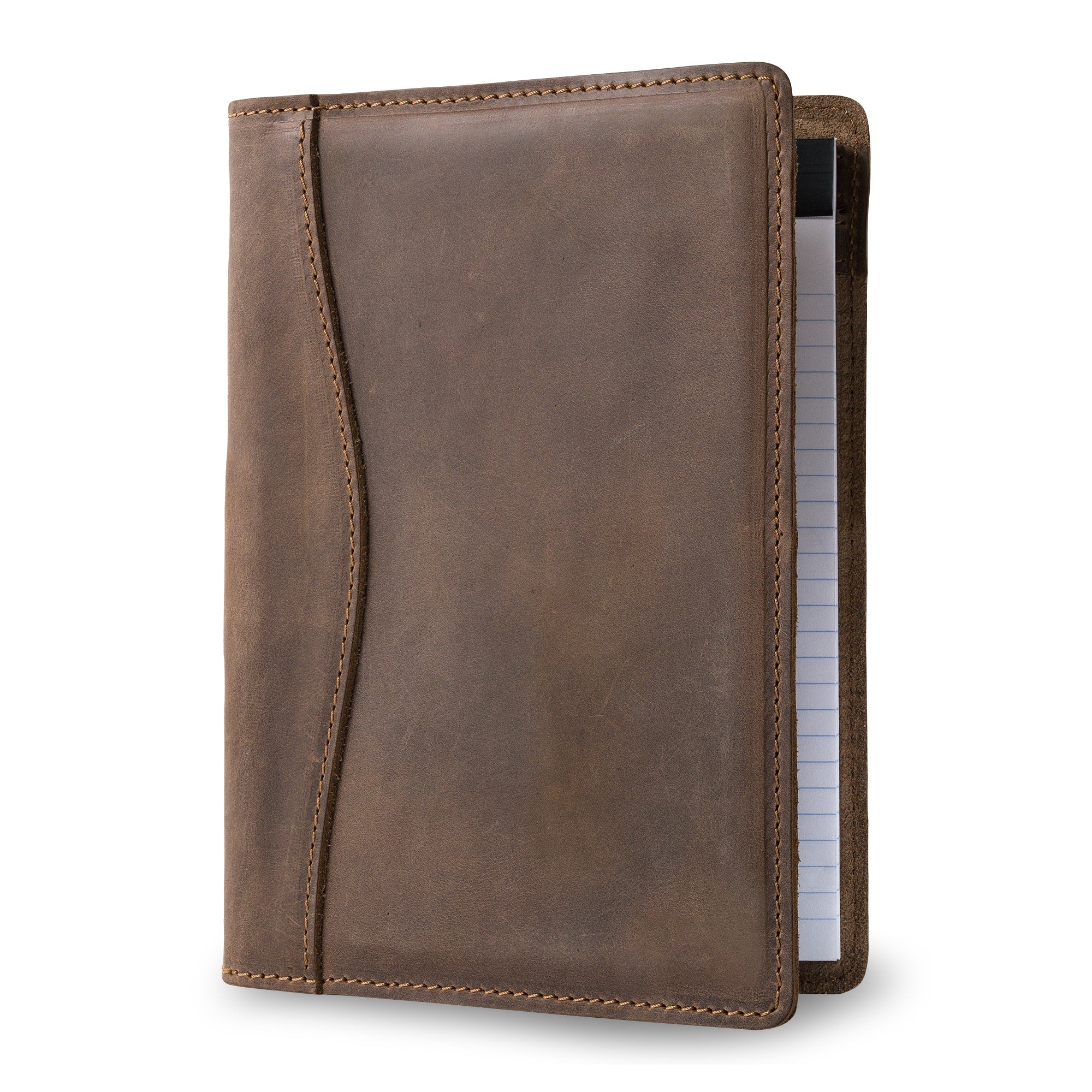 Eriksen Jr. Padfolio in Sand Brown Dallas Crazy Horse leather stands upright, closed, showing curved seam stitching and a lined legal pad peeking from the right edge.