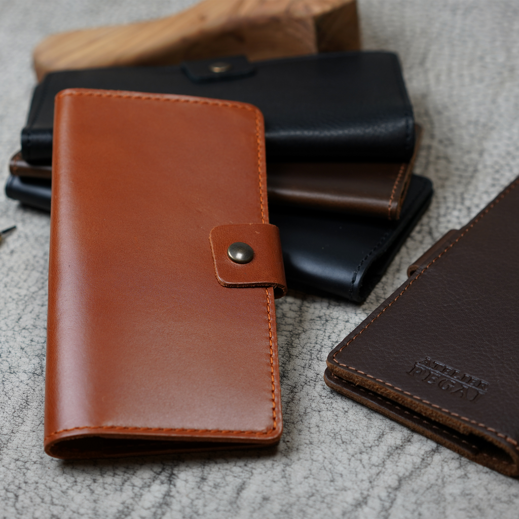 Clark Checkbook Cover in Dual Tone Whiskey in foreground with black, coffee, and dark brown colorways grouped on crackled leather. Dark brown cover at right shows debossed Atelier PEGAI logo.