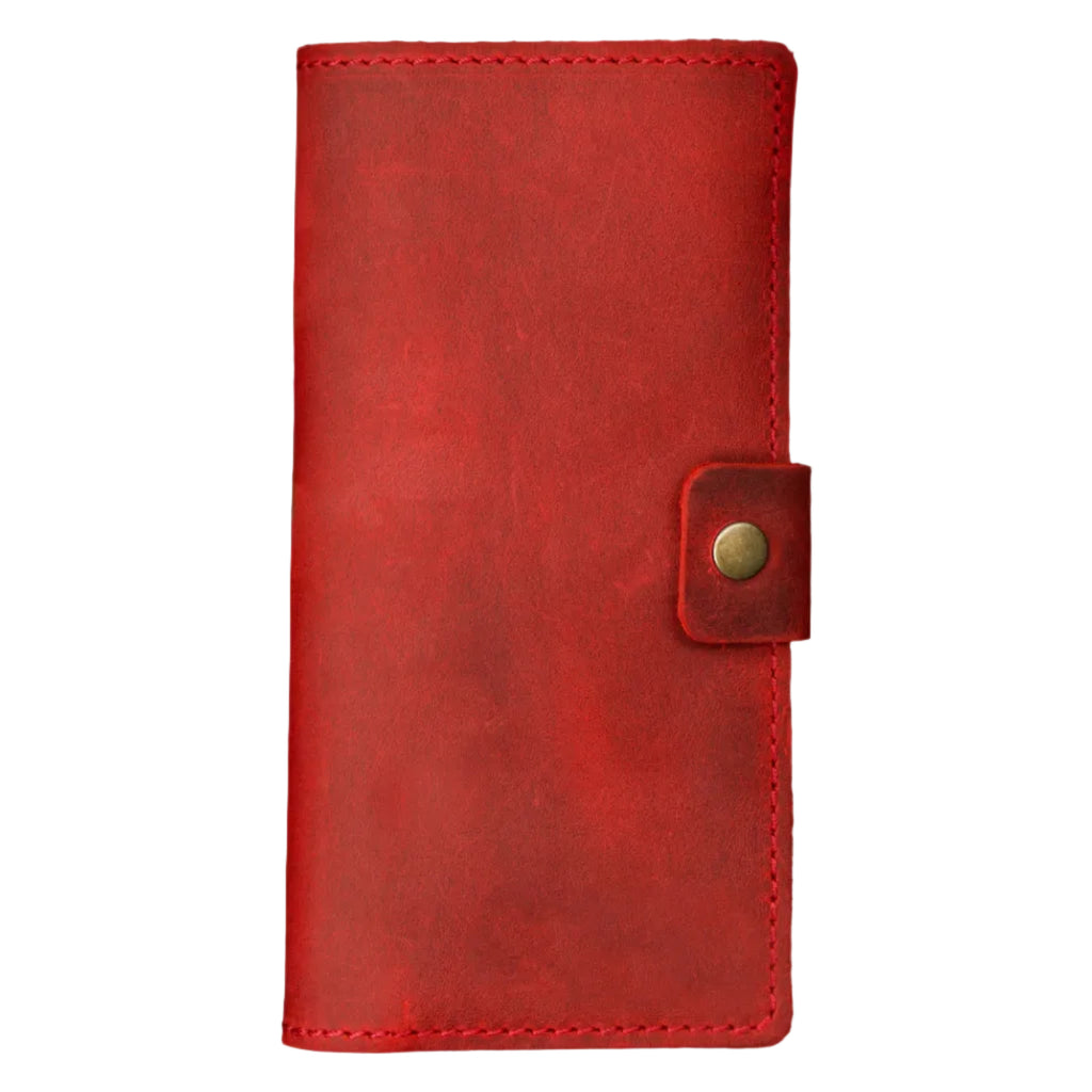 Rose red full-grain leather checkbook cover, closed and laid flat. Vibrant matte crazy horse surface with natural tonal variation and subtle character marks. Hand-stitched edges in matching red thread with an antique brass snap closure tab on the right side.