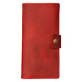Rose red full-grain leather checkbook cover, closed and laid flat. Vibrant matte crazy horse surface with natural tonal variation and subtle character marks. Hand-stitched edges in matching red thread with an antique brass snap closure tab on the right side.