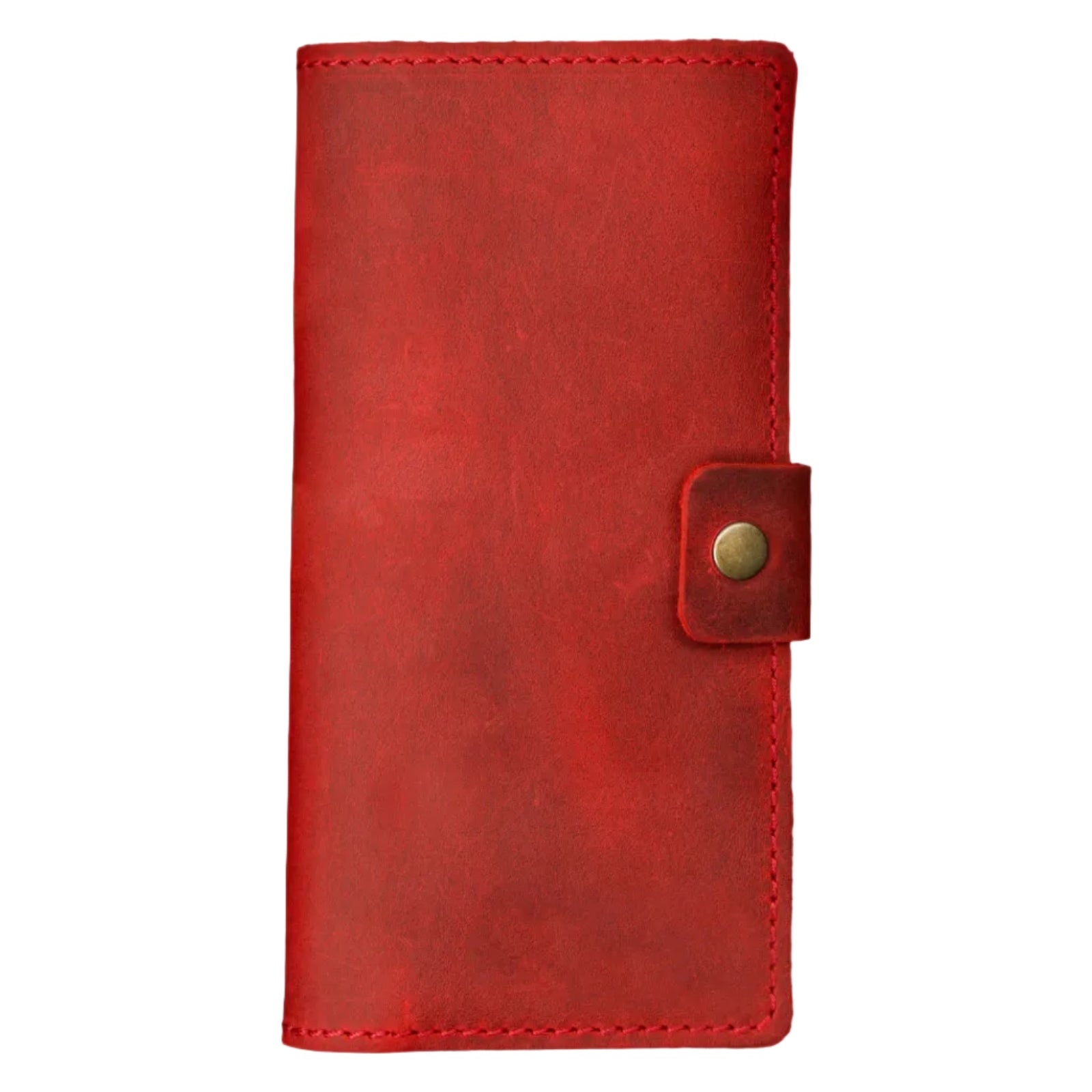Rose red full-grain leather checkbook cover, closed and laid flat. Vibrant matte crazy horse surface with natural tonal variation and subtle character marks. Hand-stitched edges in matching red thread with an antique brass snap closure tab on the right side.