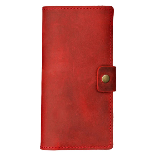 Rose red full-grain leather checkbook cover, closed and laid flat. Vibrant matte crazy horse surface with natural tonal variation and subtle character marks. Hand-stitched edges in matching red thread with an antique brass snap closure tab on the right side.