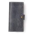 Rock gray full-grain leather checkbook cover, closed and laid flat. Matte waxy surface with natural scratch marks and tonal variation across the hide. Hand-stitched edges in light gray thread with an antique brass snap closure tab on the right side.