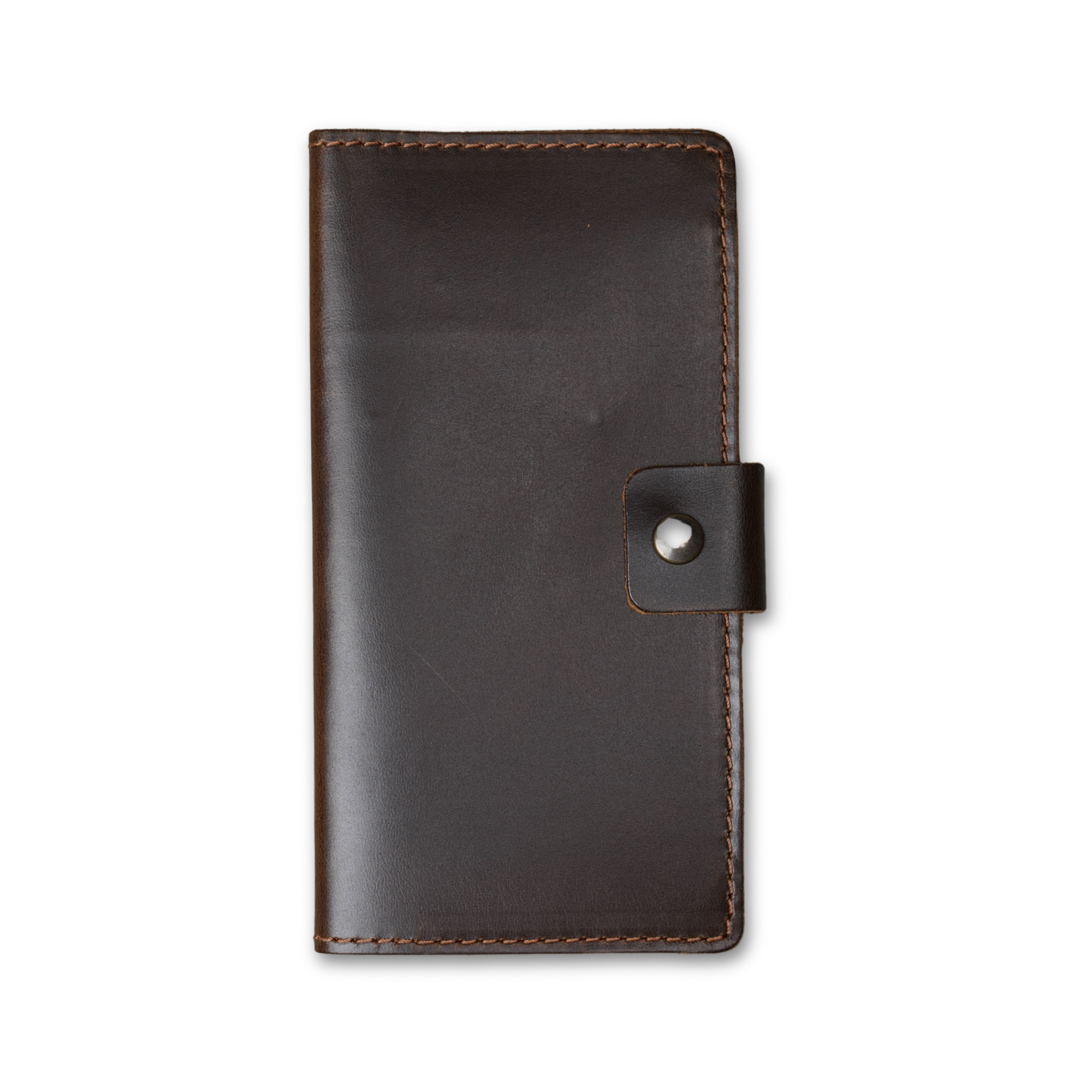 Clark Leather Checkbook Cover in Dual Tone Coffee, closed and laid flat on a white surface. DT Lux cowhide in a deep espresso coffee tone with a glossy pull-up finish that reveals lighter warm brown tonal variation where the leather bends and catches light. Warm tonal brown saddle stitching runs along all four edges. A small leather tab with an antique brass snap closure sits centered on the right edge.