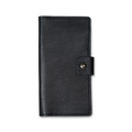 Clark Leather Checkbook Cover in Dymnos Black, closed on white. Full-grain calfskin with visible pebbled grain texture and pull-up finish. Tonal dark stitching on all edges. Antique brass snap tab on right.