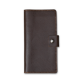 Clark Leather Checkbook Cover in Dymnos Brown, closed on white. Full-grain calfskin with pebbled grain texture and rich pull-up finish. Warm tonal saddle stitching on all edges. Antique brass snap tab on right.