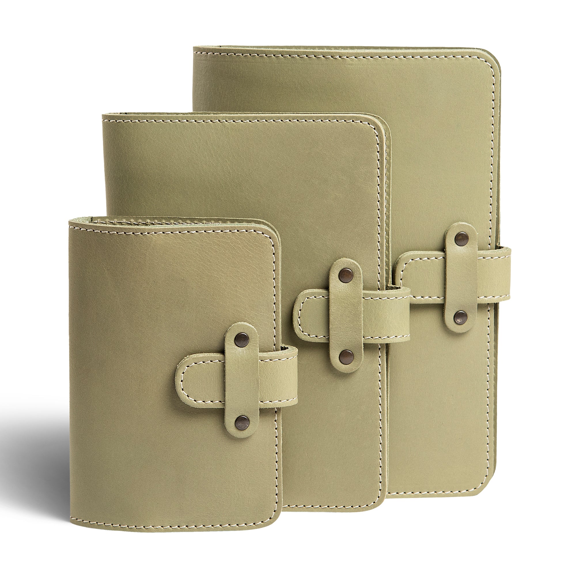 Three DuPage leather journals in aqua green displayed together showing Pocket, Midi, and Full size comparison, all with matching cream stitching and antique brass rivet strap closures.