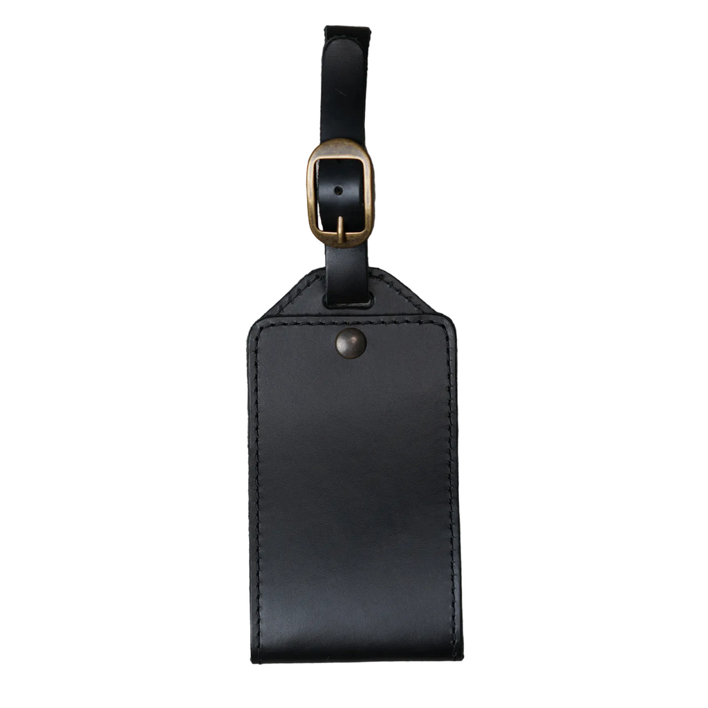 Handcrafted black leather luggage tag with adjustable buckle strap and antique brass hardware
