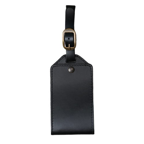 Handcrafted black leather luggage tag with adjustable buckle strap and antique brass hardware