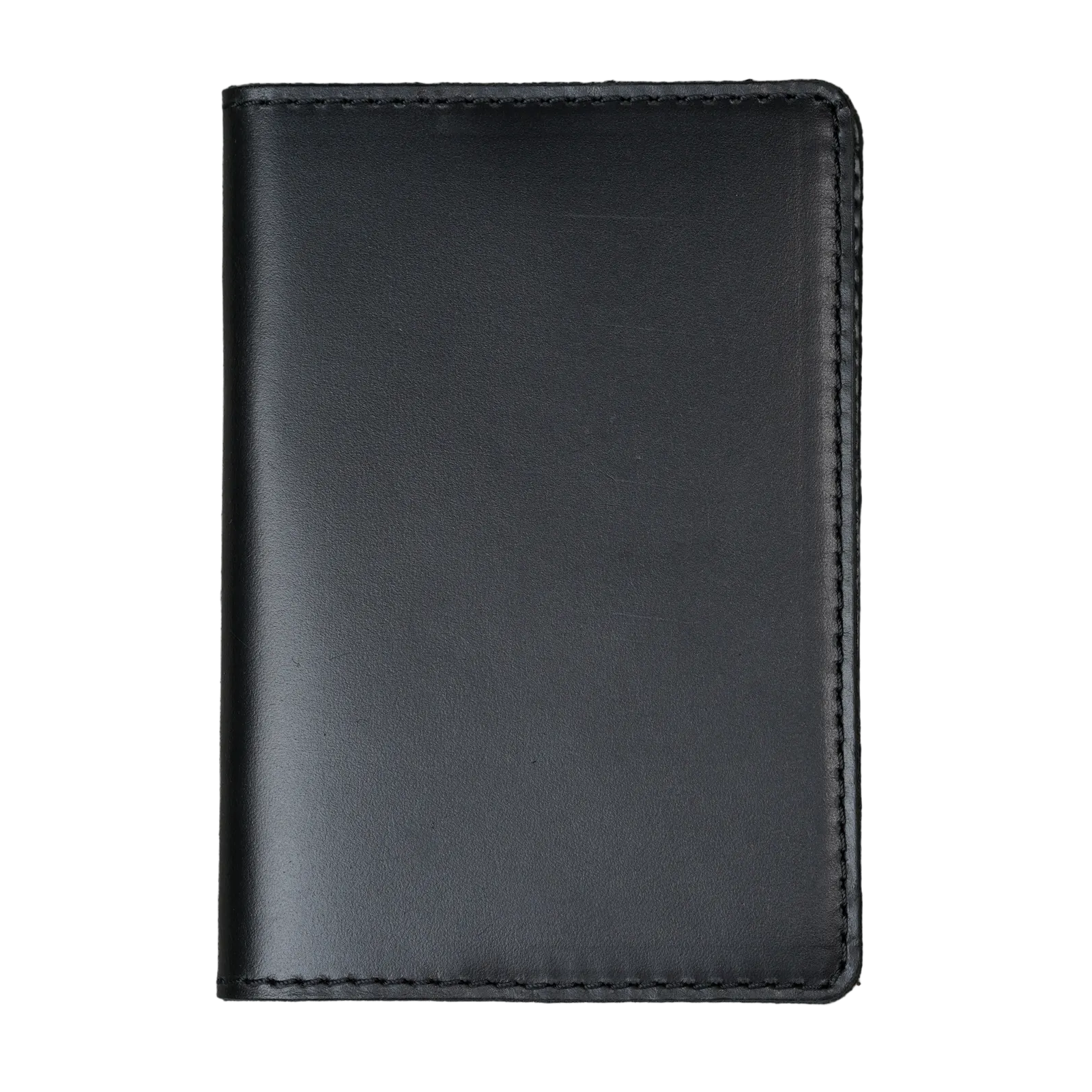 Dual tone black leather passport cover, closed and laid flat. Smooth glossy pull-up surface with subtle tonal variation revealing deep charcoal and near-black blending. Hand-stitched edges in matching black thread. Rounded corners and clean minimal silhouette.