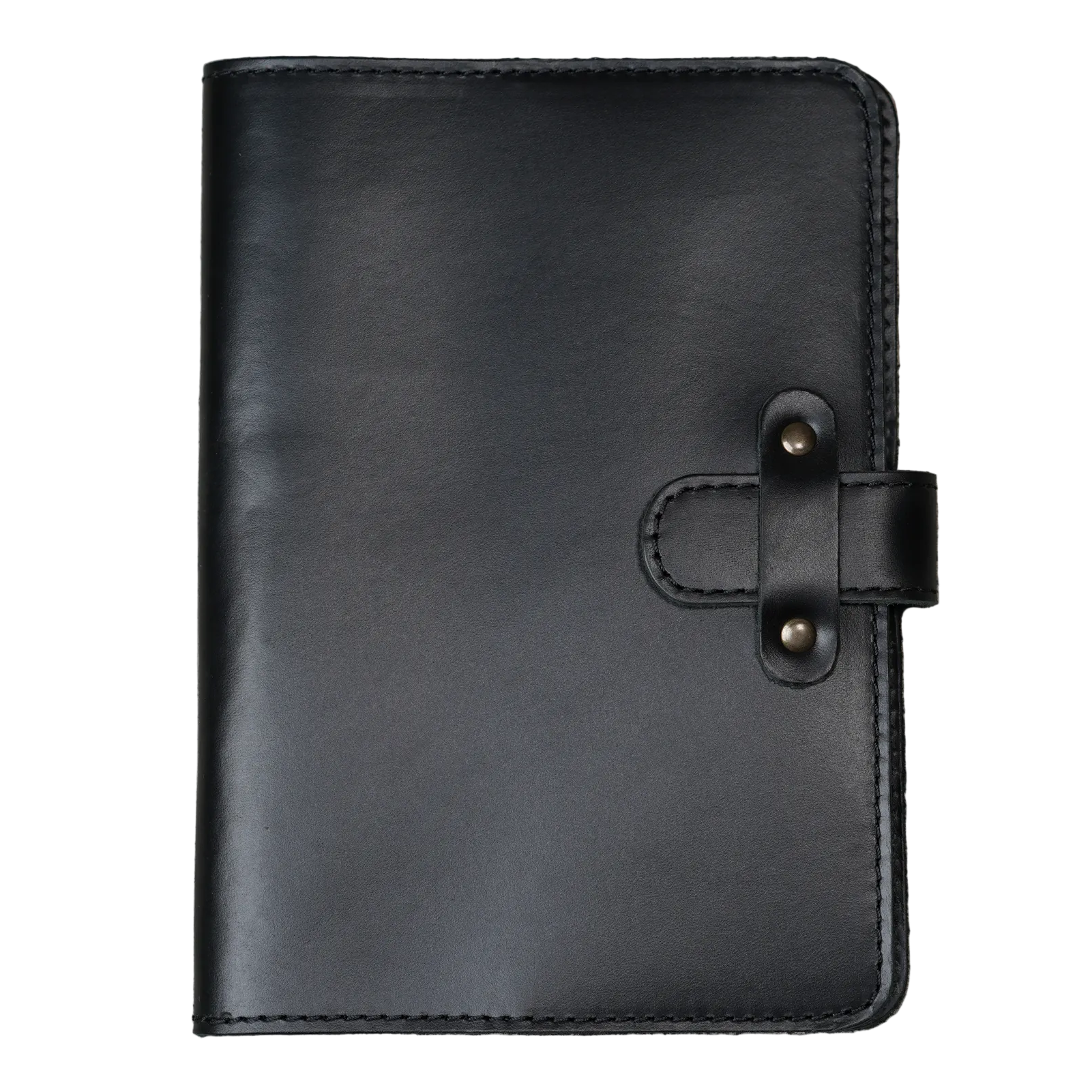 Dual Tone Black DT Lux cowhide leather journal, front cover view on white background, showing glossy pull-up surface with subtle tonal shift, black saddle stitching, and antique brass rivet strap closure.