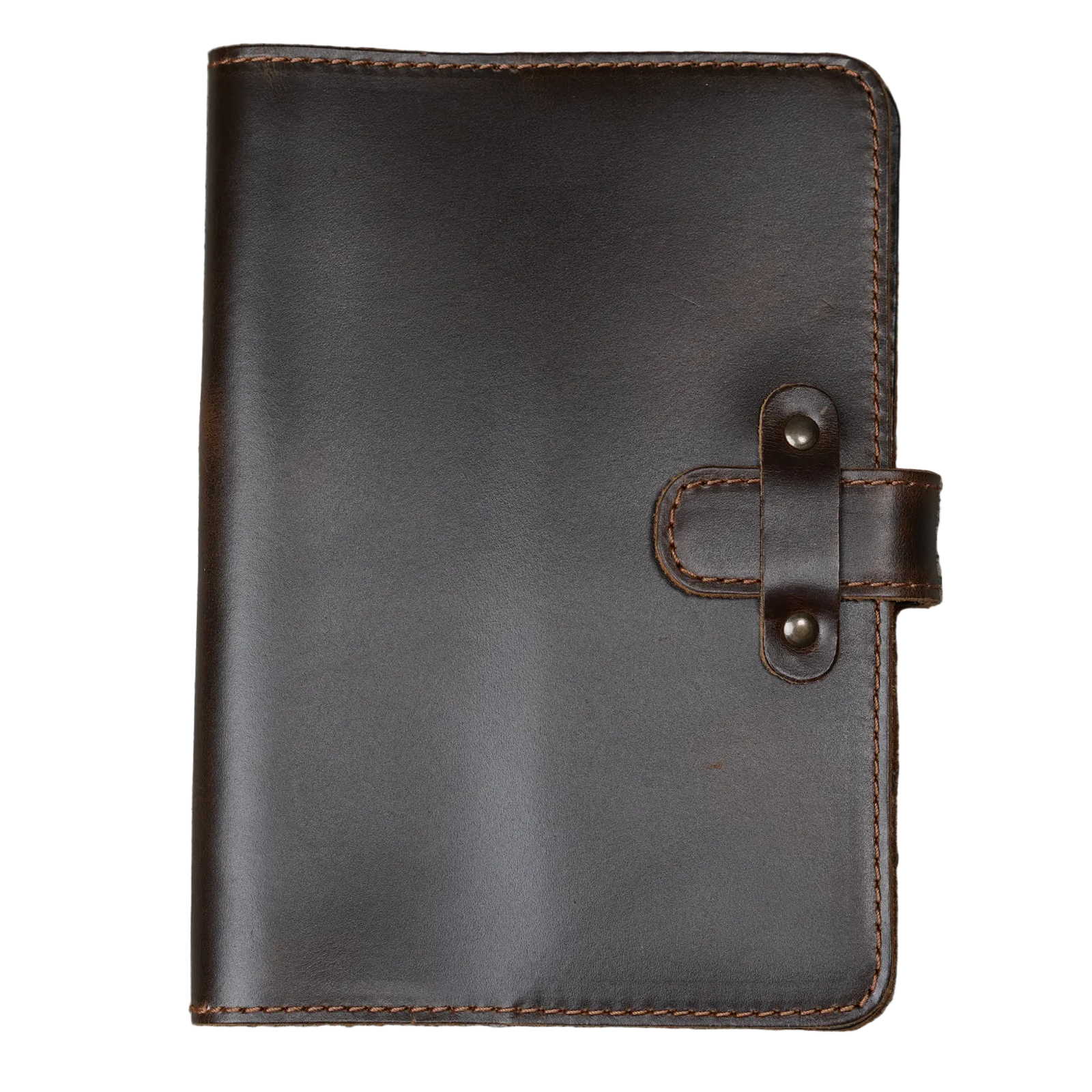 Dual Tone Coffee DT Lux cowhide leather journal, front cover on white background, showing deep brown glossy pull-up surface with warm tonal shift, tan saddle stitching, and antique brass rivet strap closure.