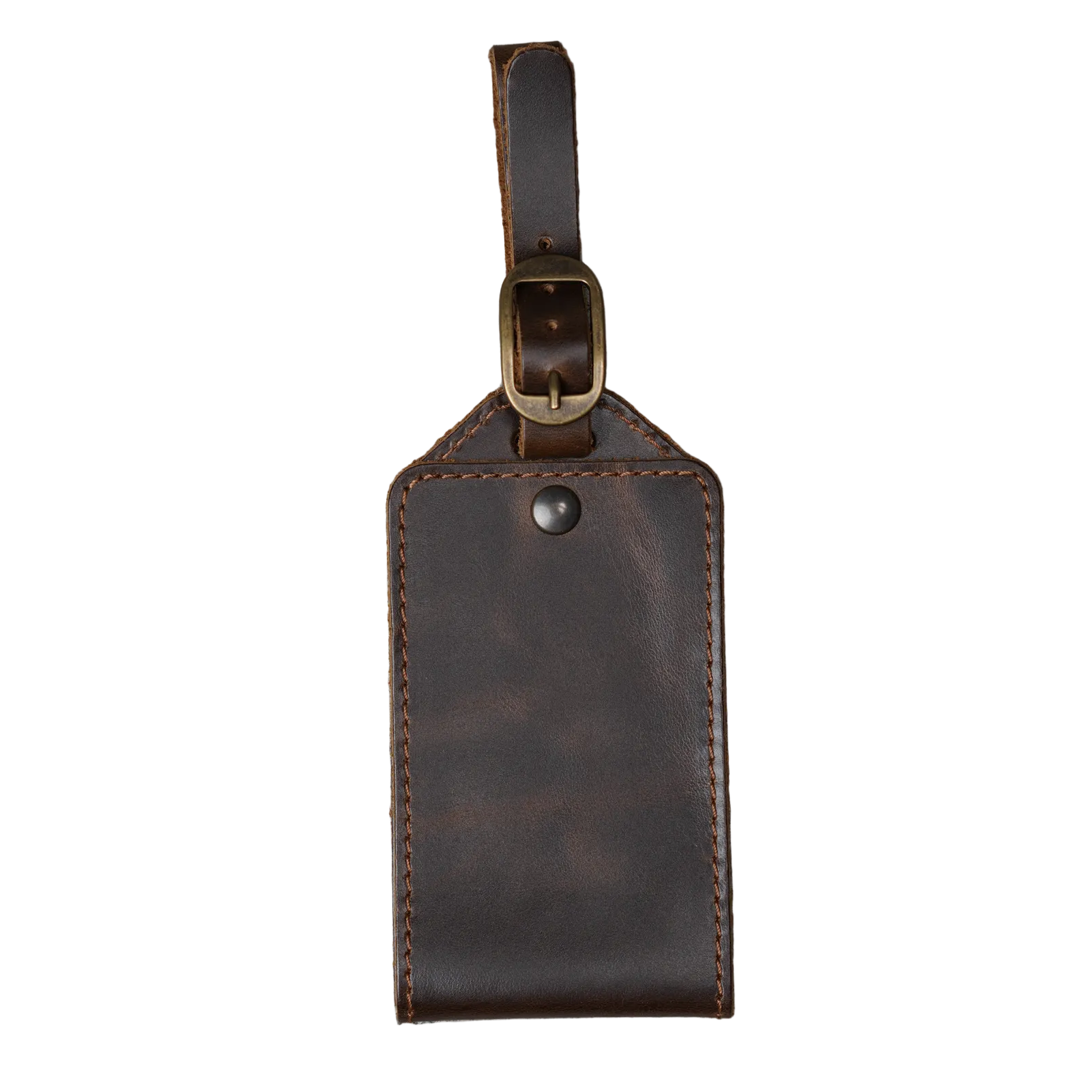 Brown DT Lux leather luggage tag with antique brass buckle and handcrafted pull-up leather finish