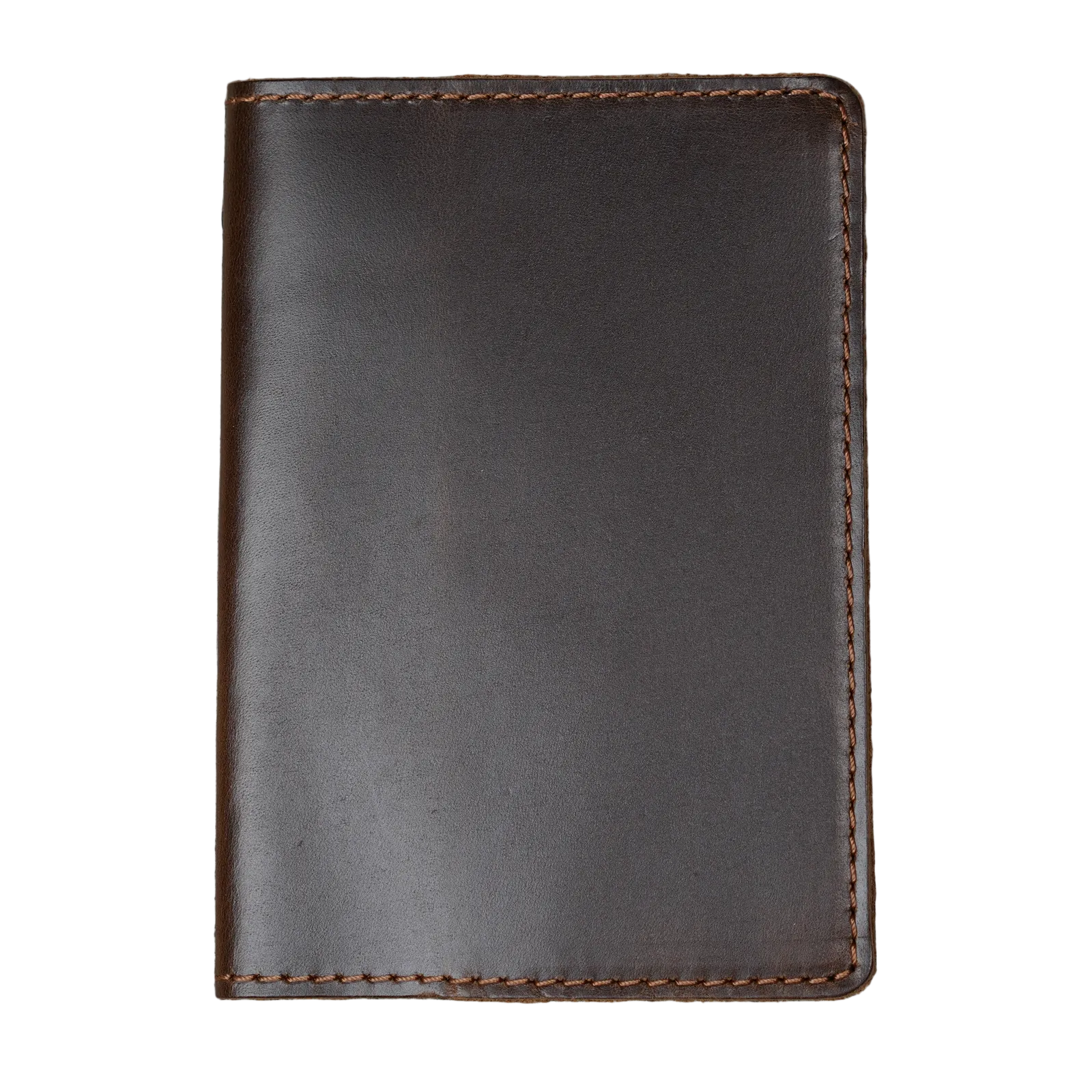 Dual tone coffee leather passport cover, closed and laid flat. Deep espresso brown glossy pull-up surface with warm tonal variation shifting from dark chocolate to rich brown. Hand-stitched edges in matching brown thread. Rounded corners and clean minimal silhouette.