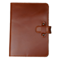Dual Tone Whiskey Brown DT Lux cowhide leather journal, front cover on white background, showing warm amber glossy pull-up surface with tonal shift, orange saddle stitching, and antique brass rivet strap closure. 