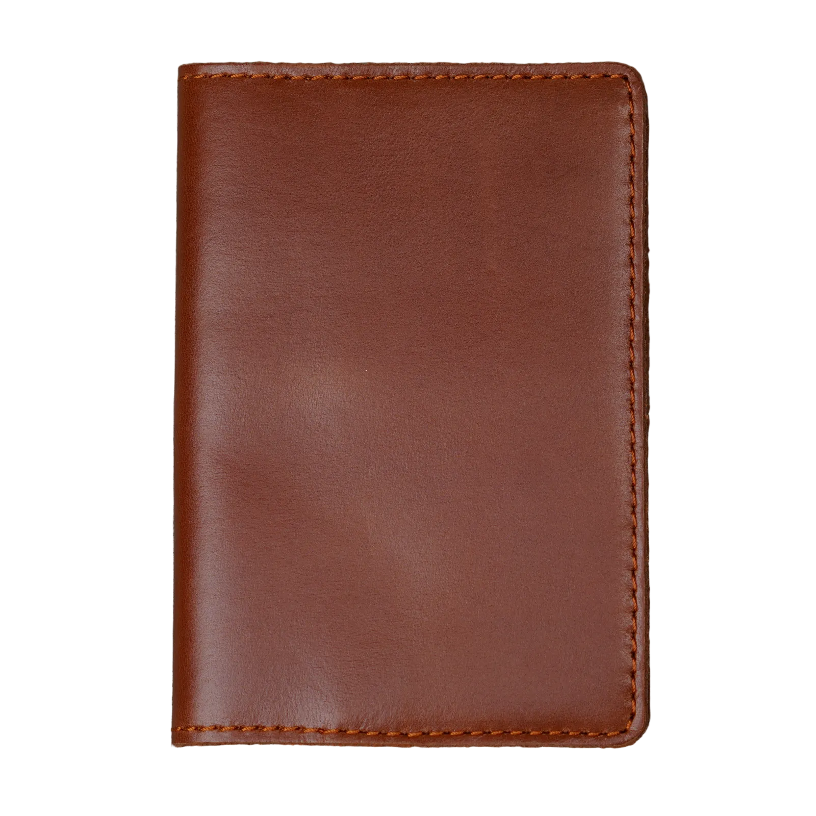 Dual tone whiskey leather passport cover, closed and laid flat. Warm cognac brown glossy pull-up surface with bright amber tonal variation. Hand-stitched edges in matching burnt orange thread. Rounded corners and clean minimal silhouette with no hardware or closures.