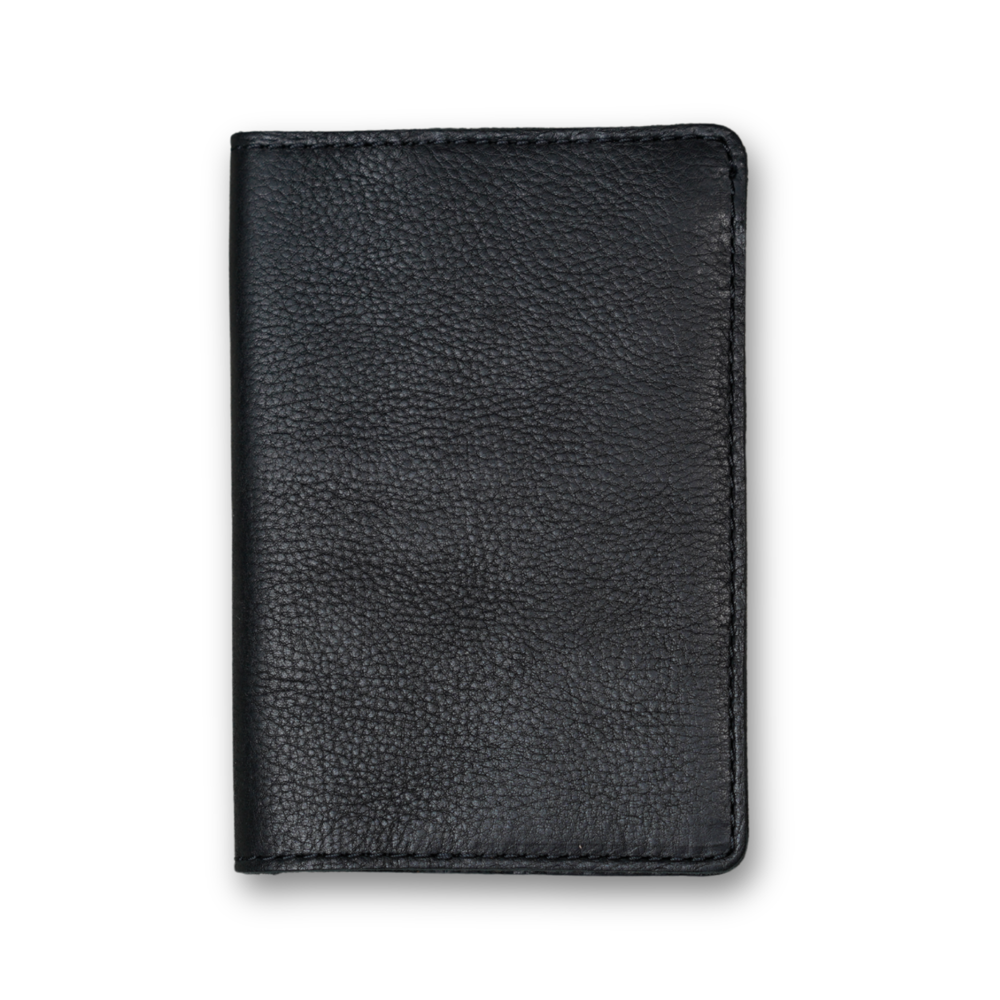 Dymnos black full-grain calfskin passport cover, closed and laid flat. Matte pebbled surface with fine natural grain texture throughout. Hand-stitched edges in matching black thread. Rounded corners and clean minimal silhouette with no hardware or closures.