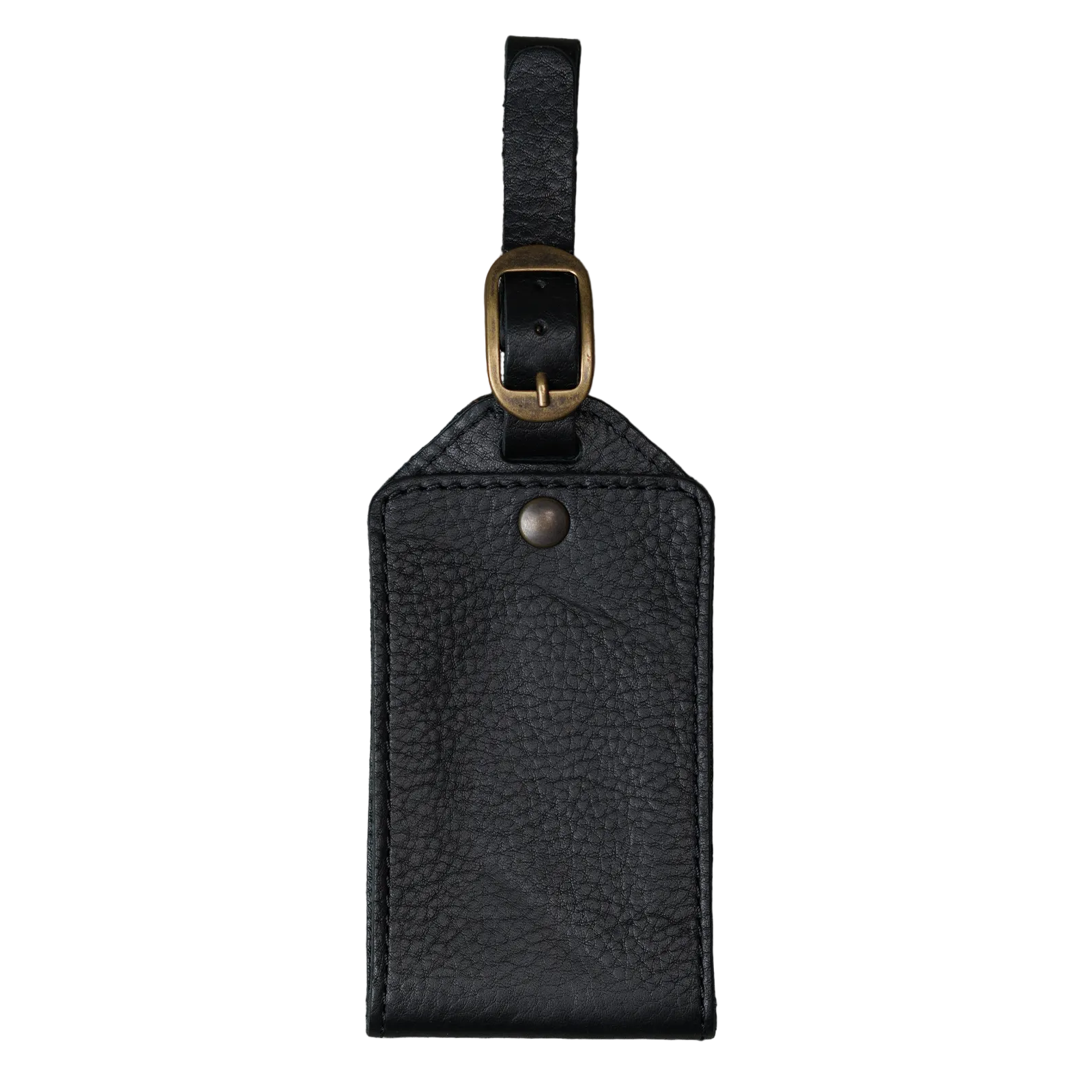 Black Dymnos full-grain leather luggage tag with antique brass buckle and textured pull-up finish