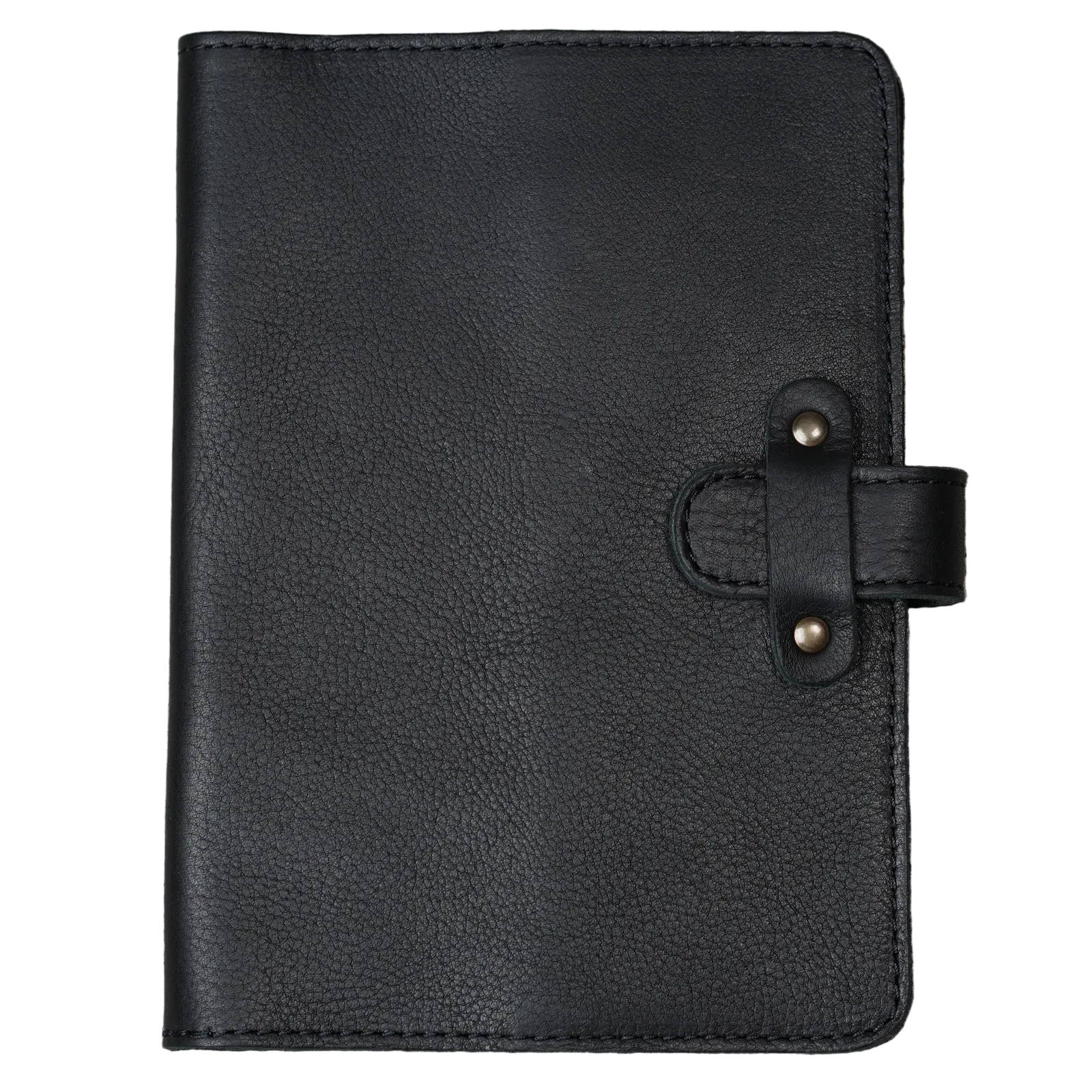 Dymnos Black full-grain calfskin leather journal, front cover on white background, showing pebbled pull-up surface with natural grain texture, black saddle stitching, and antique brass rivet strap closure.