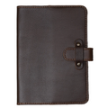 Dymnos Brown top-grain calfskin leather journal, front cover on white background, showing deep brown pebbled nubuck surface, tan saddle stitching, and antique brass rivet strap closure.