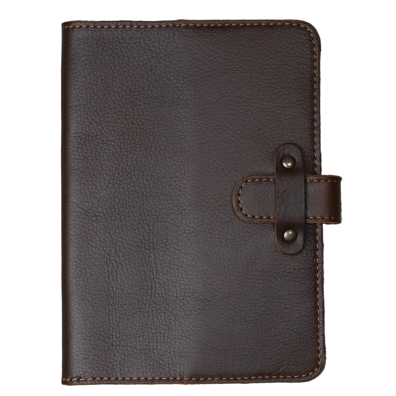 Dymnos Brown top-grain calfskin leather journal, front cover on white background, showing deep brown pebbled nubuck surface, tan saddle stitching, and antique brass rivet strap closure.