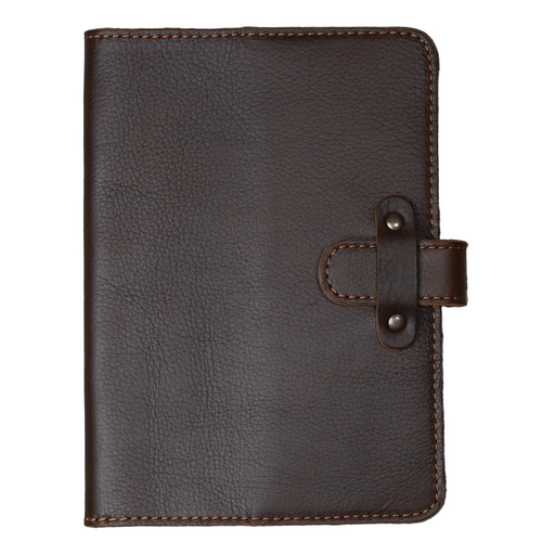 Dymnos Brown top-grain calfskin leather journal, front cover on white background, showing deep brown pebbled nubuck surface, tan saddle stitching, and antique brass rivet strap closure.