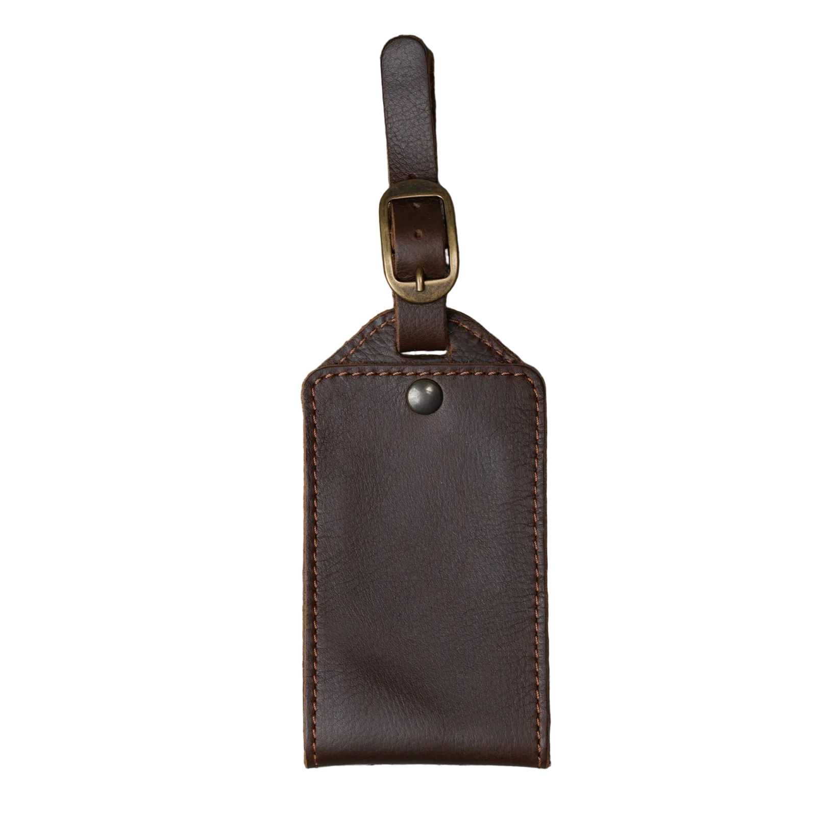 Dark brown Dymnos full-grain leather luggage tag with antique brass buckle and smooth pull-up finish