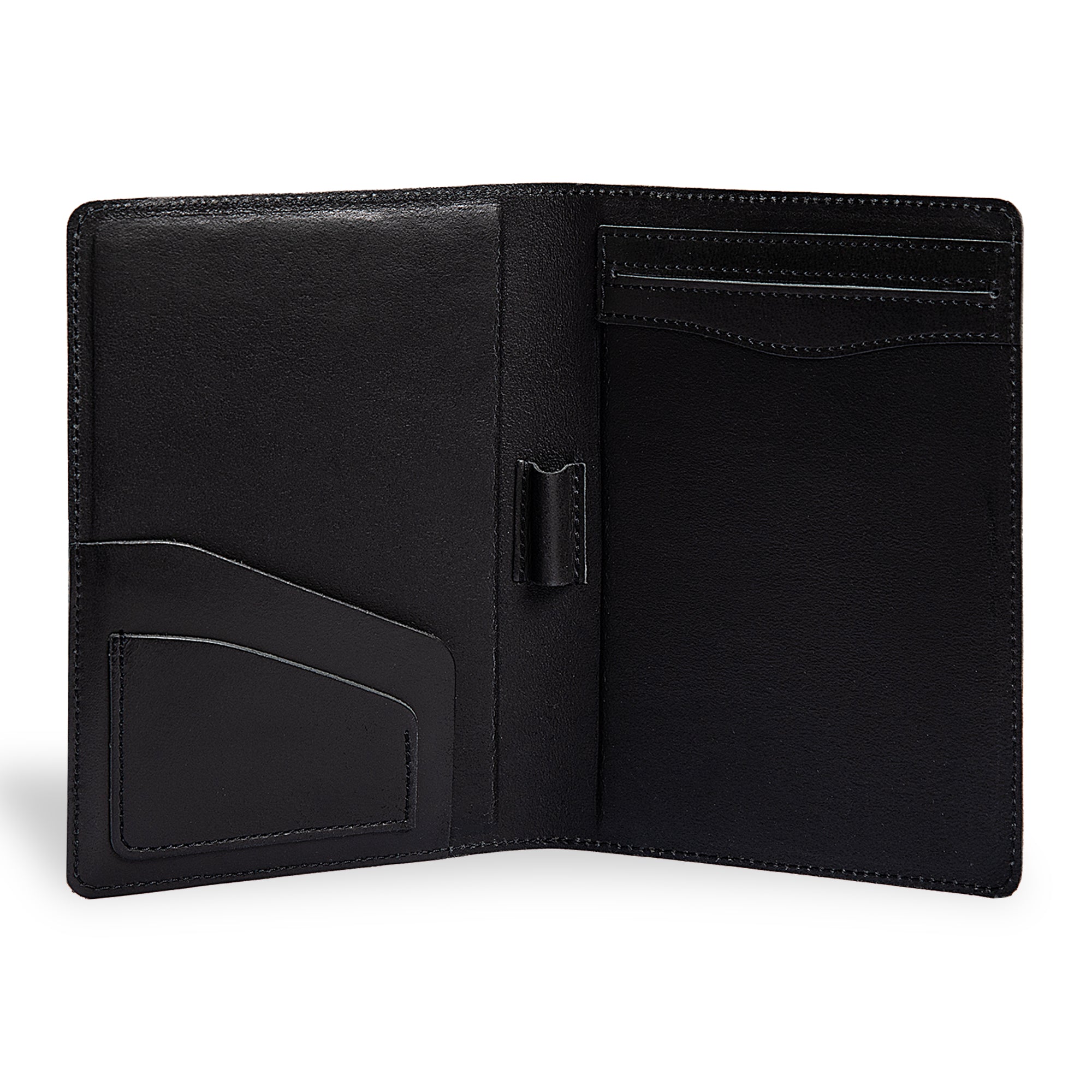 PEGAI Eriksen Jr. padfolio open and empty, showing left interior pocket, business card slot, and central pen loop on charcoal black Iphitos buffalo leather.