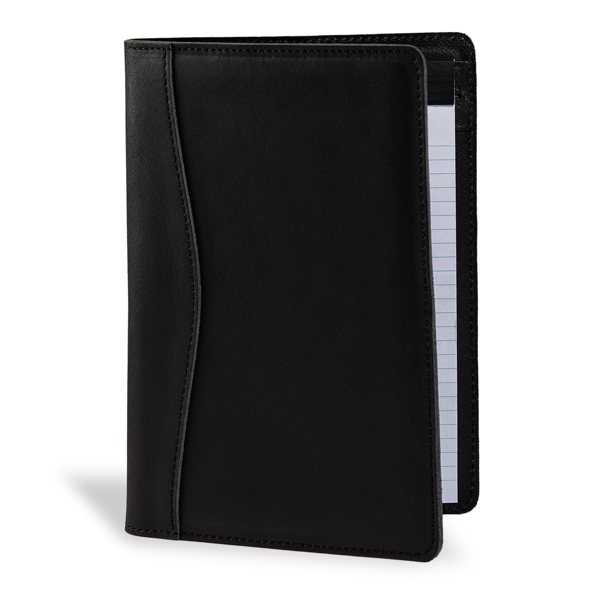 PEGAI Eriksen Jr. padfolio in charcoal black Iphitos buffalo leather, standing open at an angle with a lined legal pad visible along the right edge. 