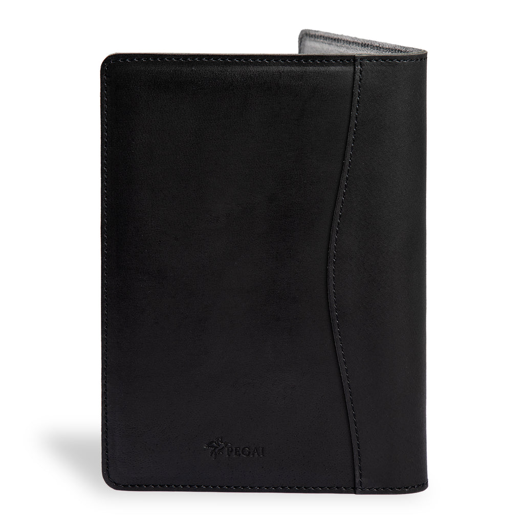 PEGAI Eriksen Jr. padfolio in charcoal black Iphitos pull-up buffalo leather, standing closed, front view showing curved seam stitching and embossed PEGAI logo.