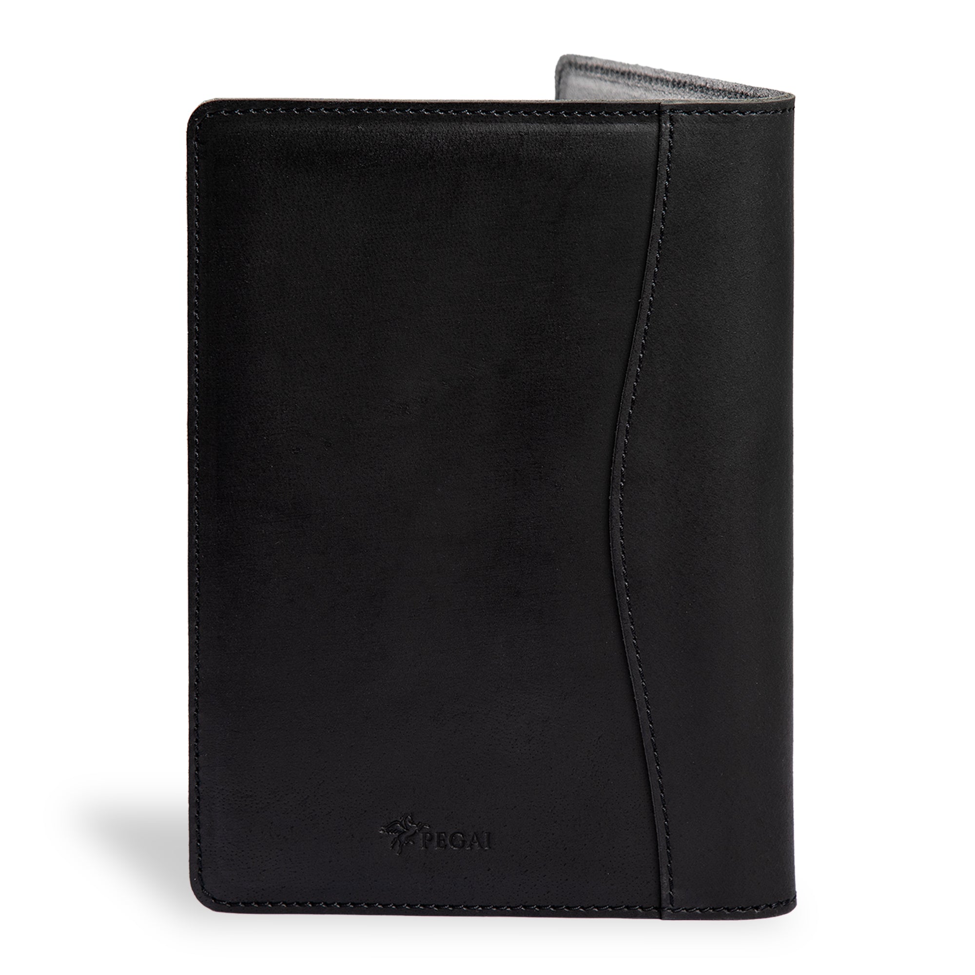 PEGAI Eriksen Jr. padfolio in charcoal black Iphitos pull-up buffalo leather, standing closed, front view showing curved seam stitching and embossed PEGAI logo.