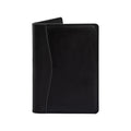 PEGAI Eriksen Jr. padfolio in charcoal black Iphitos pull-up buffalo leather, standing closed, showing curved seam detail along the spine edge and tonal stitching. 