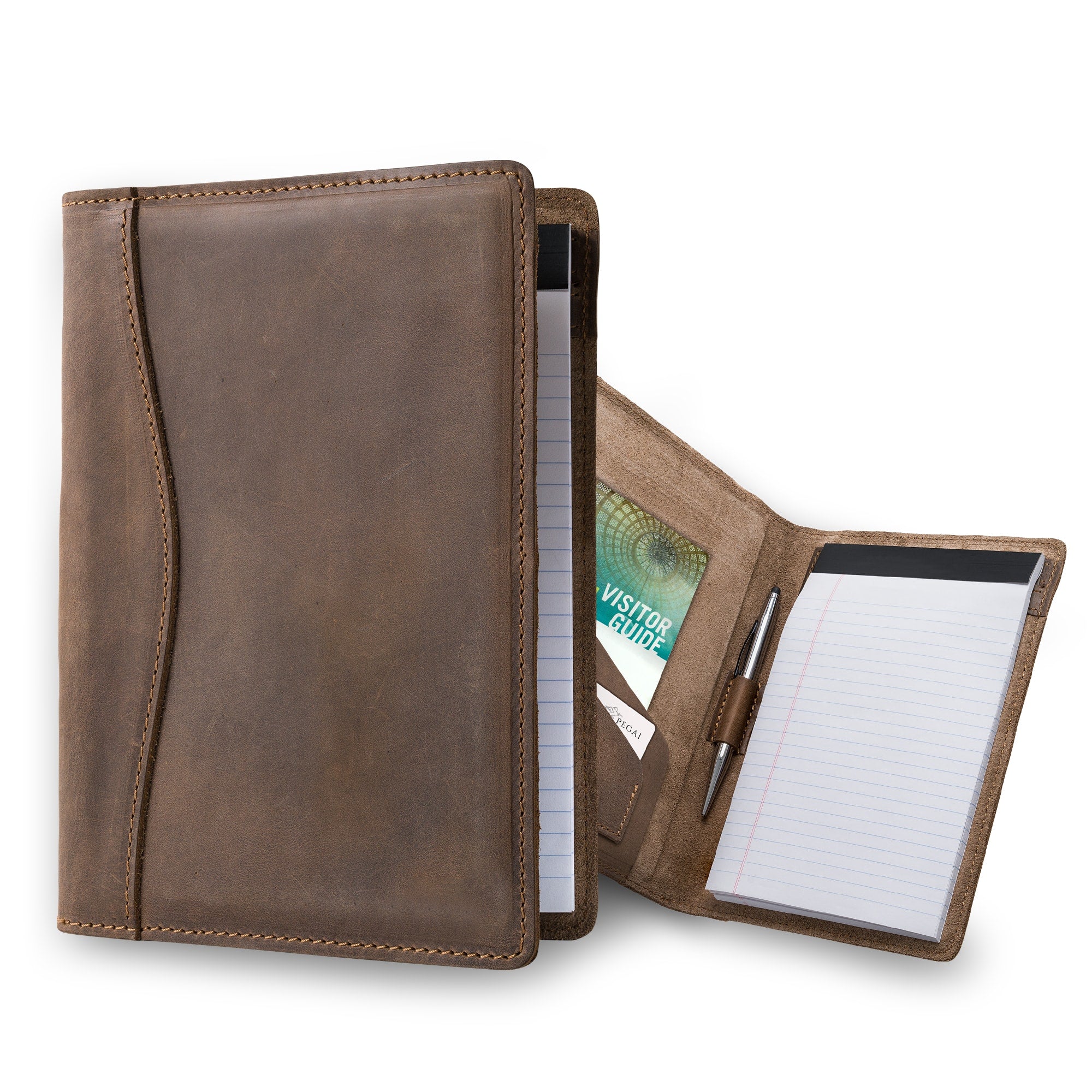 Eriksen padfolio opens flat: left side holds a lined notepad, right interior has a card slot with a visitor guide, a pen loop with pen, and a second notepad.