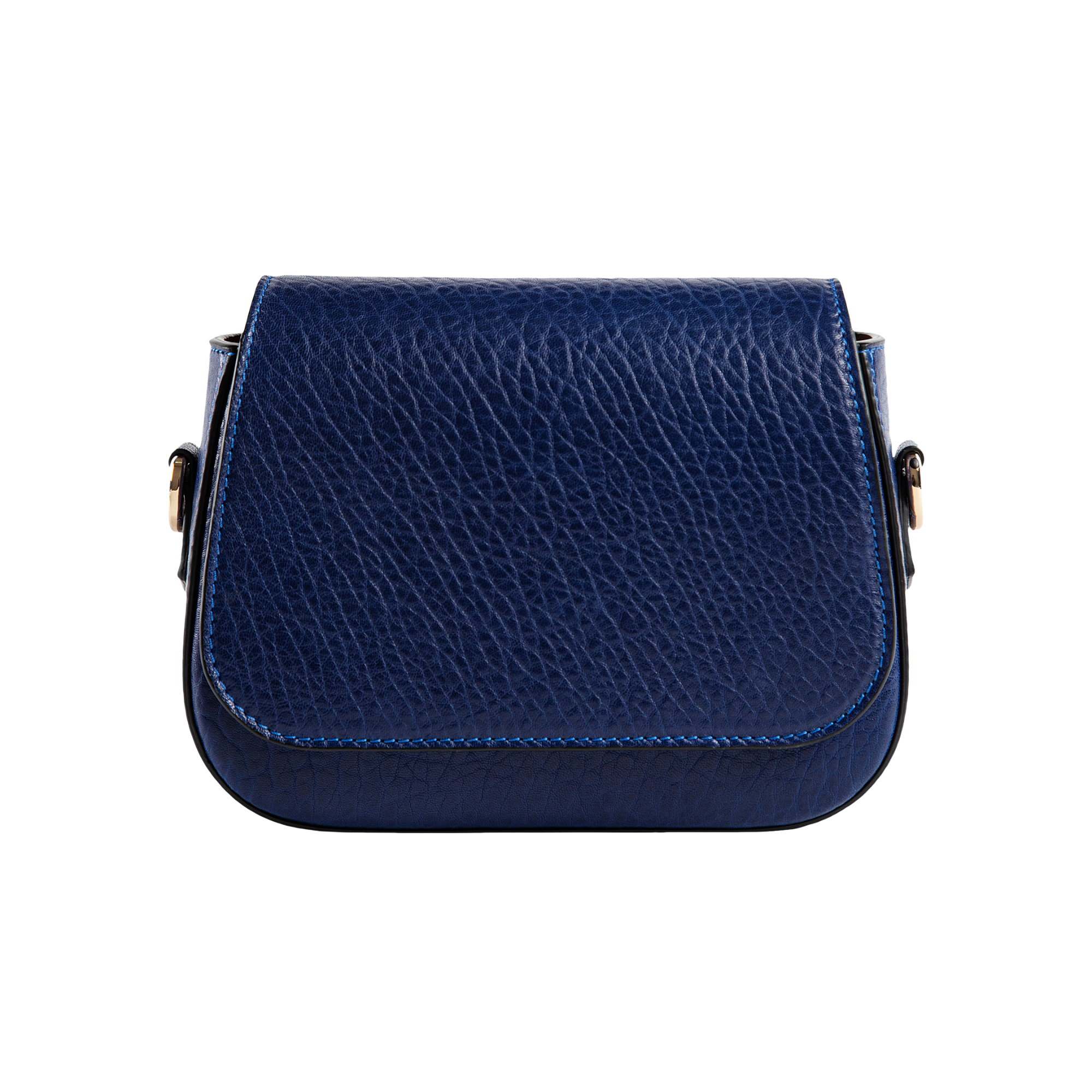 Hampton Crossbody Bag in Babylon Blue, front view on white background. Saddle-shaped flap bag with pebbled lambskin texture and gold hardware at the strap connectors.