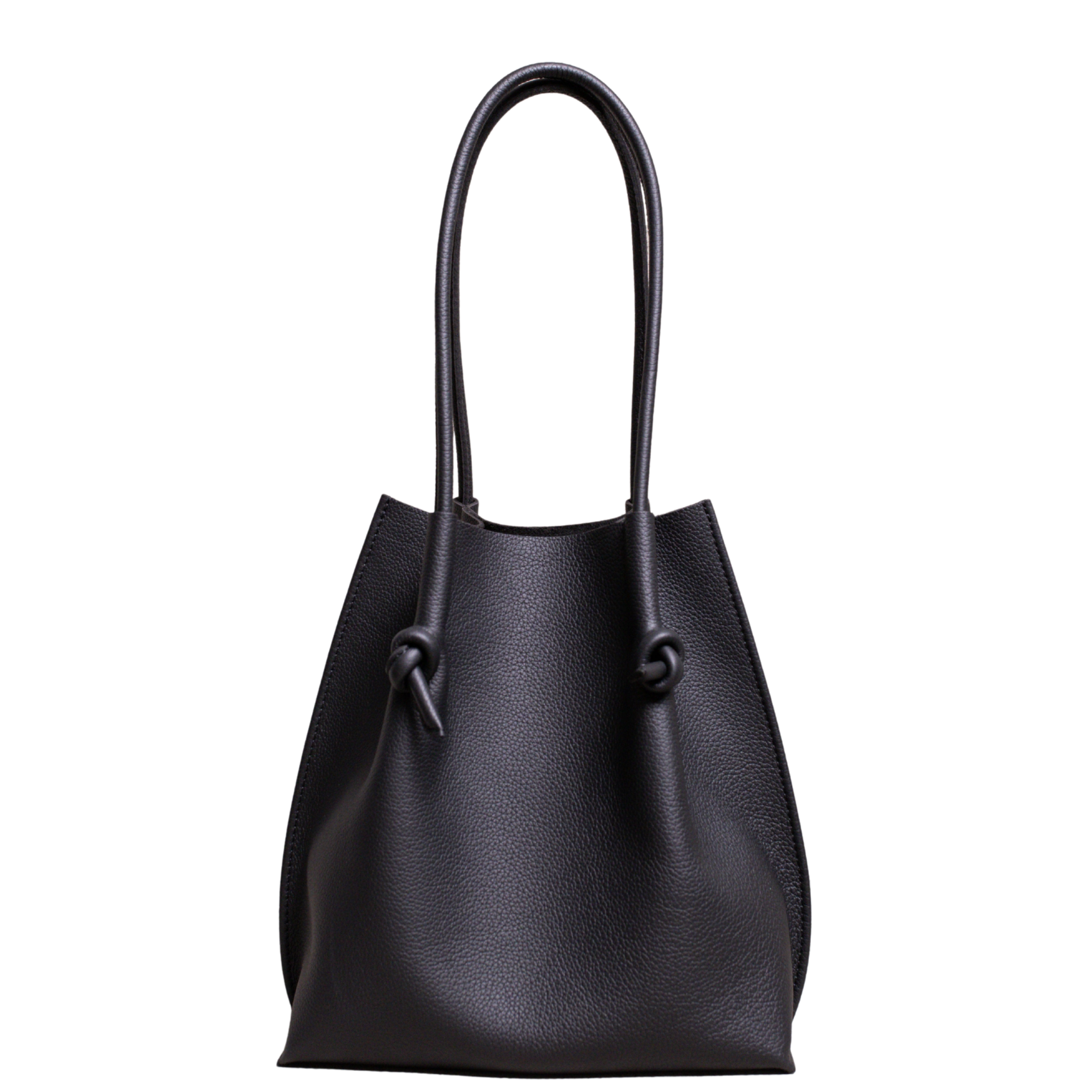 Flora Everyday Leather Tote in Togo Calf Black, front view on white background. Structured bucket-style tote with tall rolled leather handles and two knotted leather ties cinching the open top.
