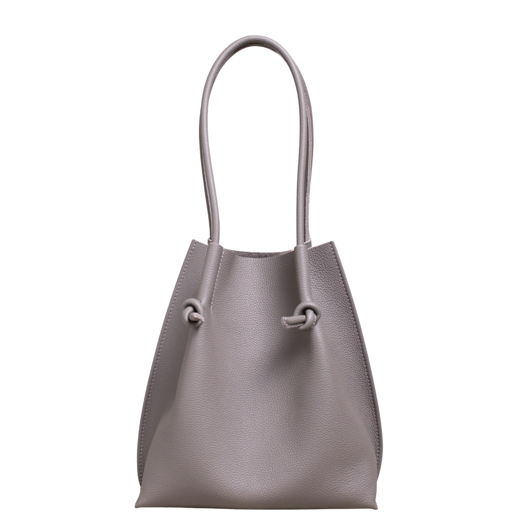 Flora Everyday Leather Tote in Togo Calf Gris, front view on white background. Structured bucket-style tote with tall rolled leather handles and two knotted leather ties cinching the open top.
