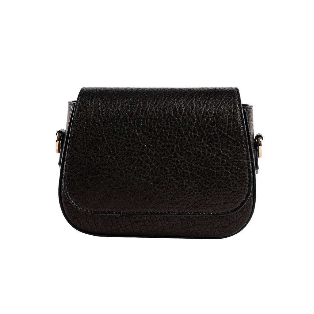 Hampton Crossbody Bag in Babylon Black, front view on white background. Saddle-shaped flap bag with pebbled lambskin texture and gold hardware at the strap connectors.