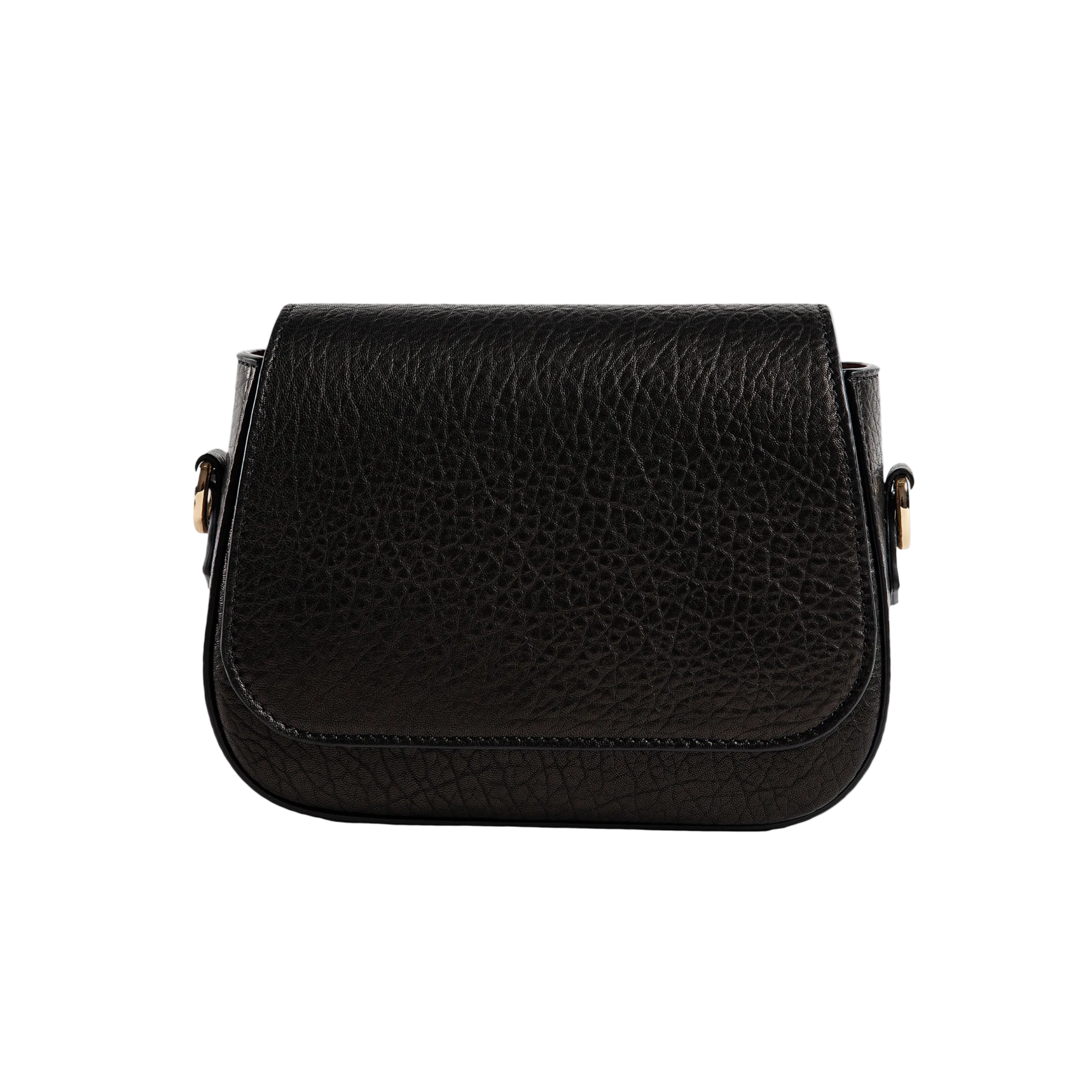 Hampton Crossbody Bag in Babylon Black, front view on white background. Saddle-shaped flap bag with pebbled lambskin texture and gold hardware at the strap connectors.