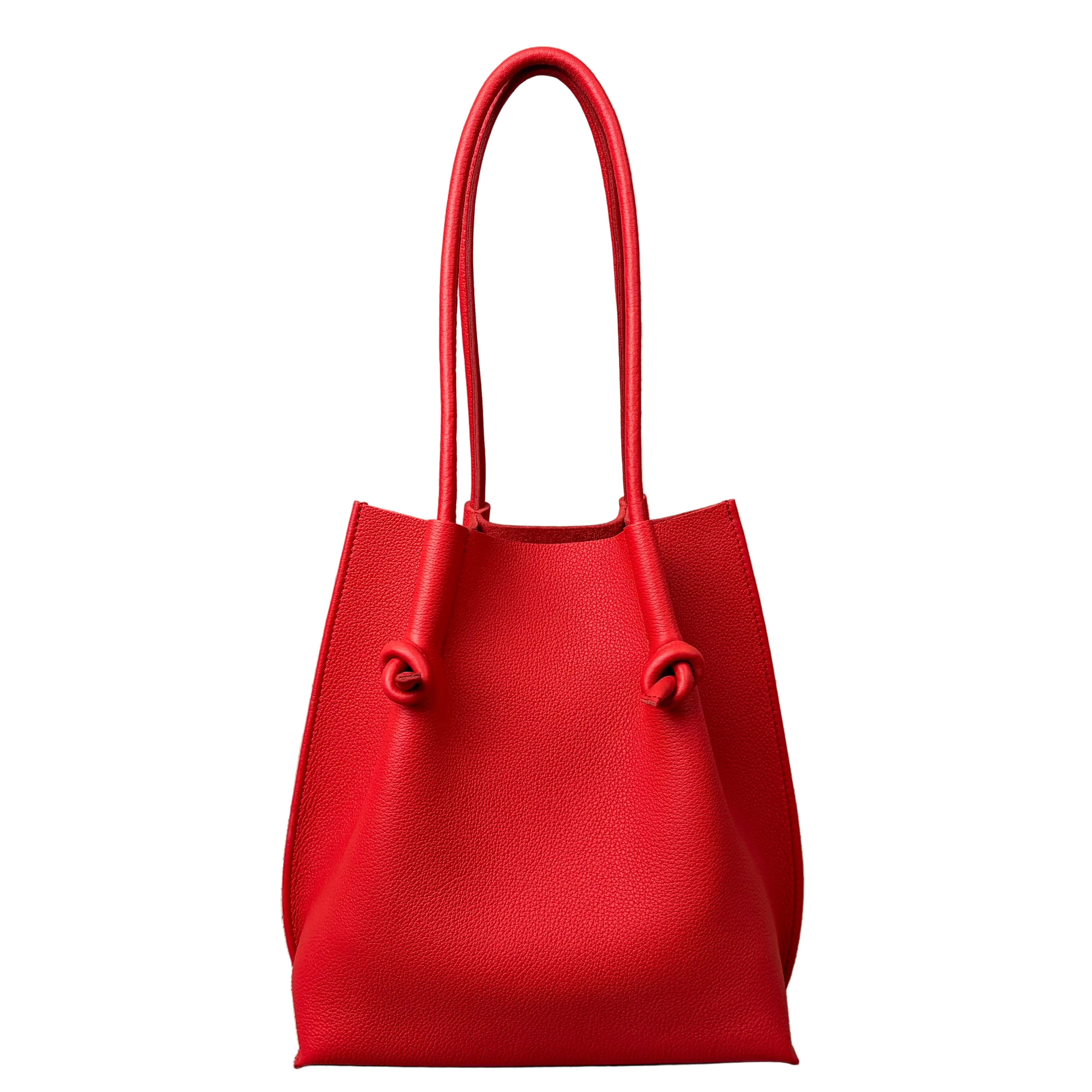 Flora Everyday Leather Tote in Togo Calf Red, front view on white background. Structured bucket-style tote with tall rolled leather handles and two knotted leather ties cinching the open top.