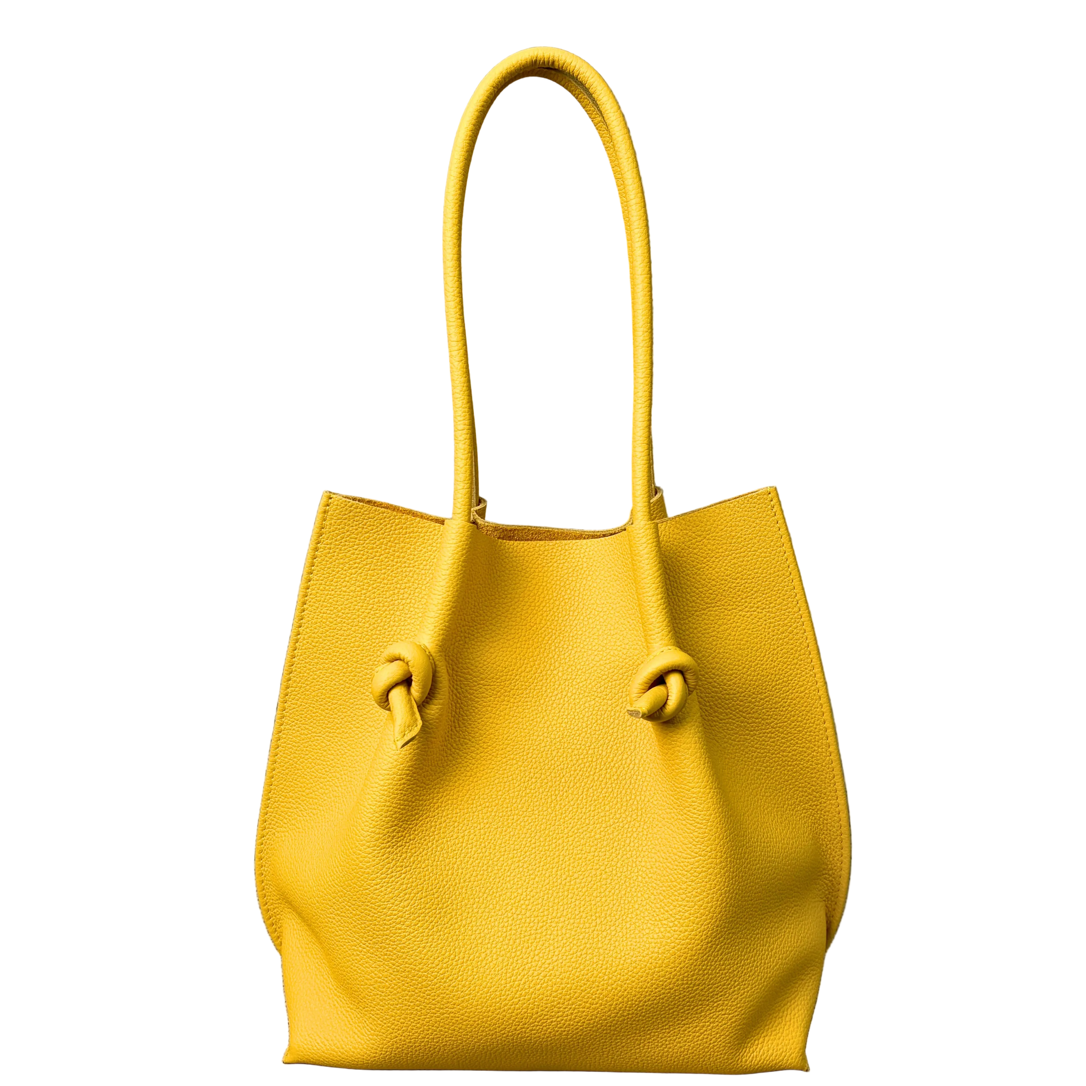 Flora Everyday Leather Tote in Togo Calf Yellow, front view on white background. Structured bucket-style tote with tall rolled leather handles and two knotted leather ties cinching the open top.