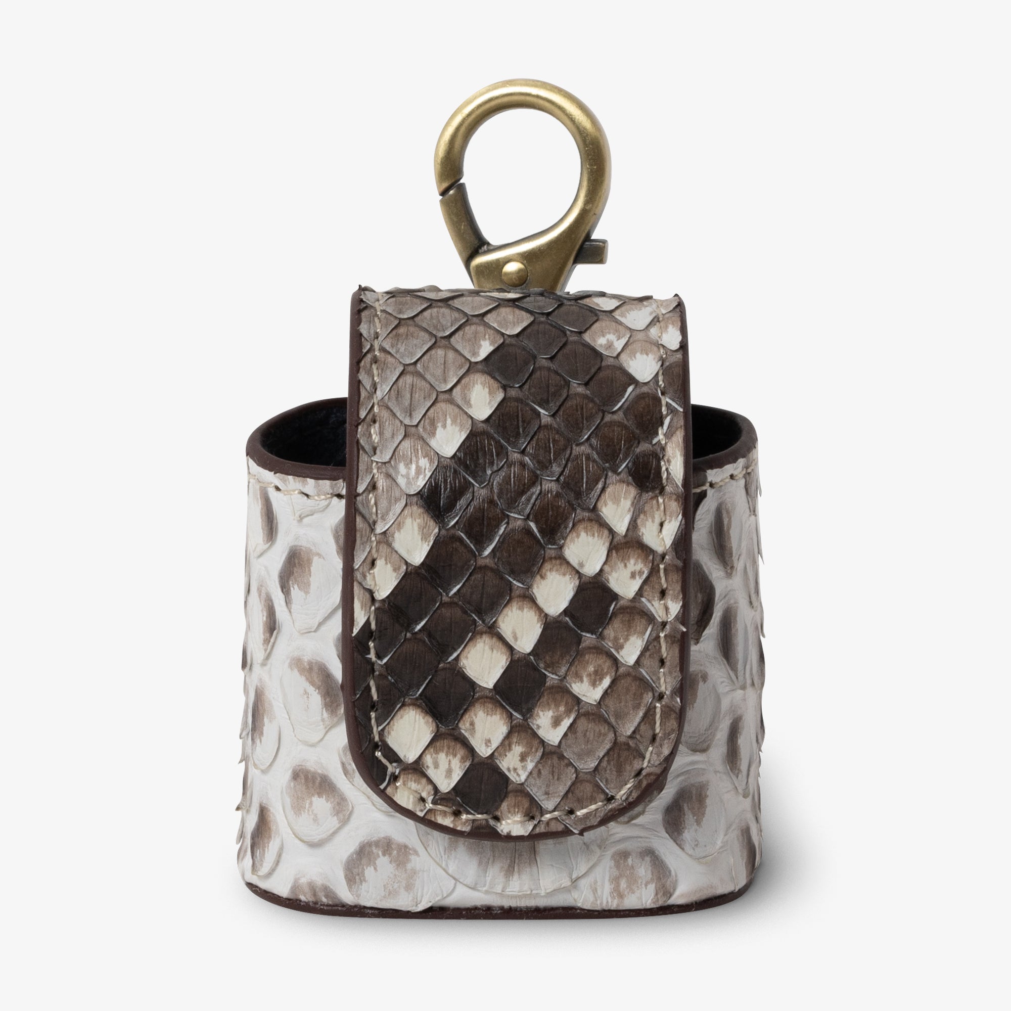 Coil AirPods case in Frost python leather, angled side view. Contrasting small dark scales on flap against larger white and taupe body scales. Curved magnetic closure with dark trim. Brass clip hardware.
