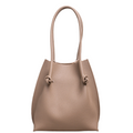Flora Everyday Leather Tote in Togo Calf Etoupe, front view on white background. Structured bucket-style tote with tall rolled leather handles and two knotted leather ties cinching the open top.