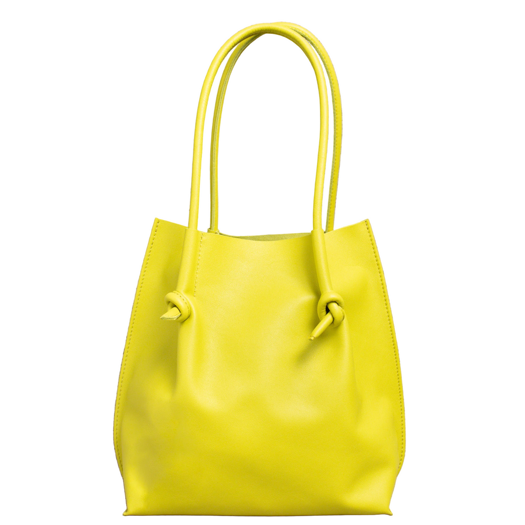 Flora Everyday Tote in Silky Calf Lime stands upright with a smooth, fine-grain finish, dual rolled handles, and a single knotted leather closure on each side.