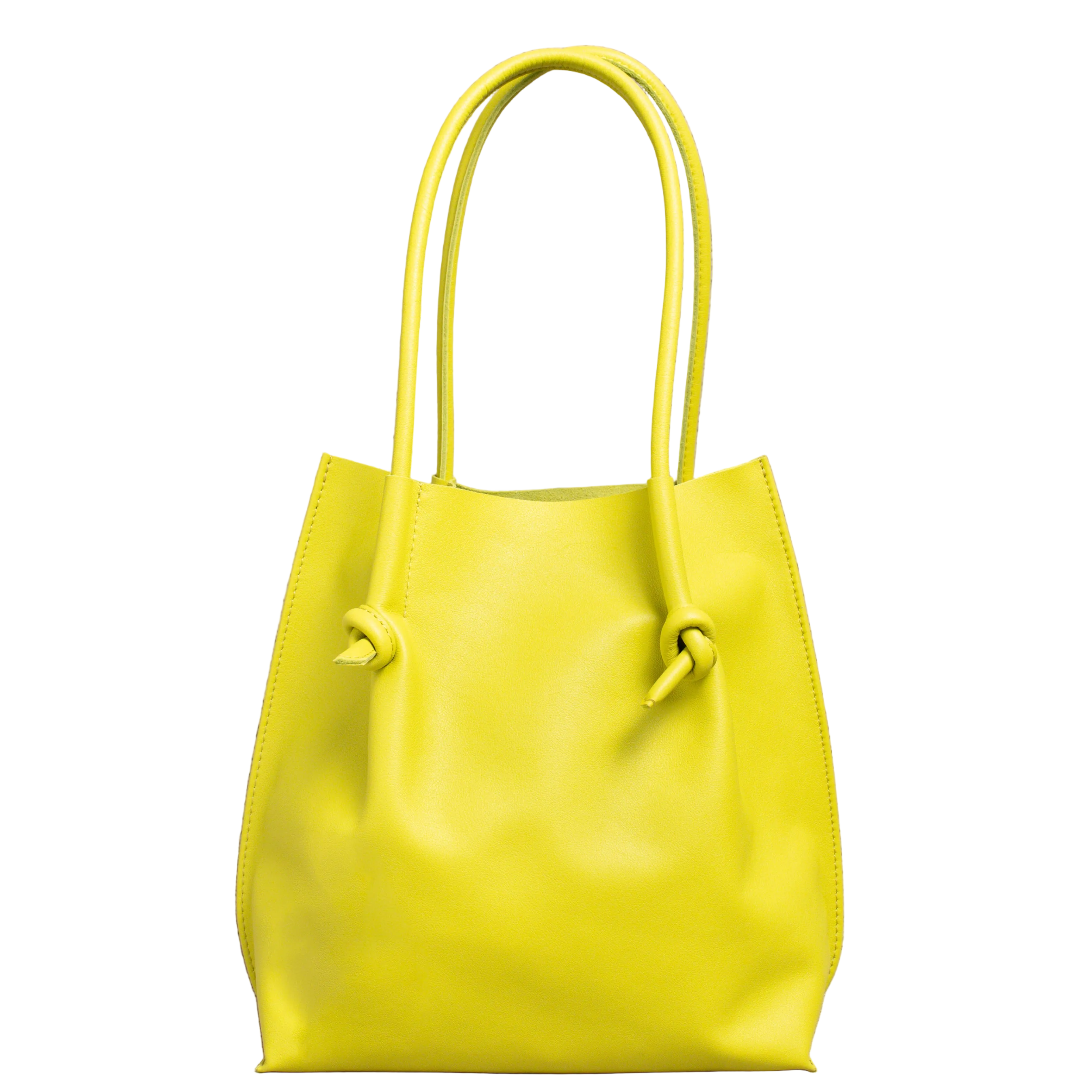 Flora Everyday Tote in Silky Calf Lime stands upright with a smooth, fine-grain finish, dual rolled handles, and a single knotted leather closure on each side.