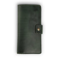 Forest green full-grain leather checkbook cover, closed and laid flat. Smooth matte surface with natural character marks, hand-stitched edges in matching green thread, and a small antique brass snap closure tab on the right side.