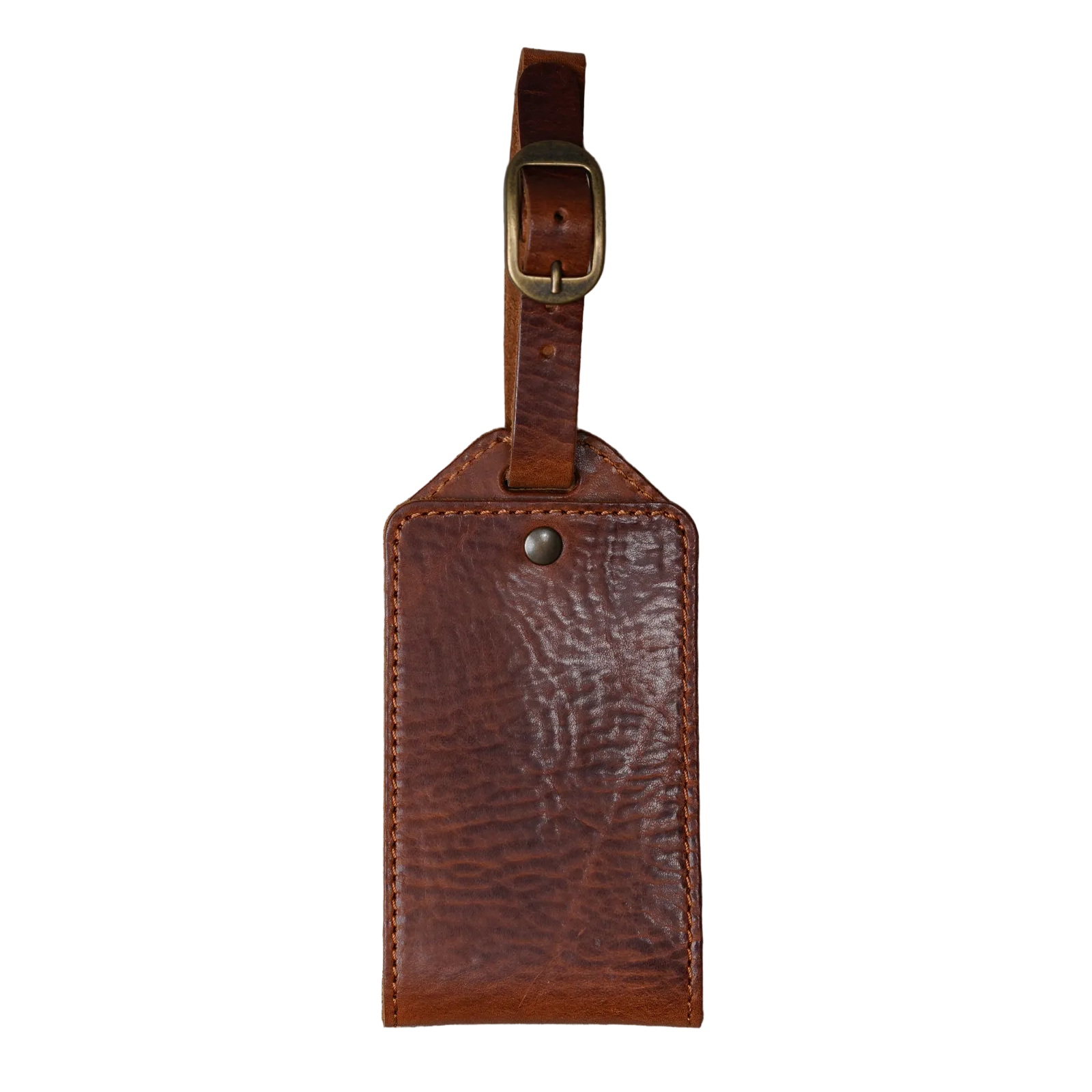Handcrafted brown leather luggage tag made from Missouri vegetable-tanned bull shoulder leather