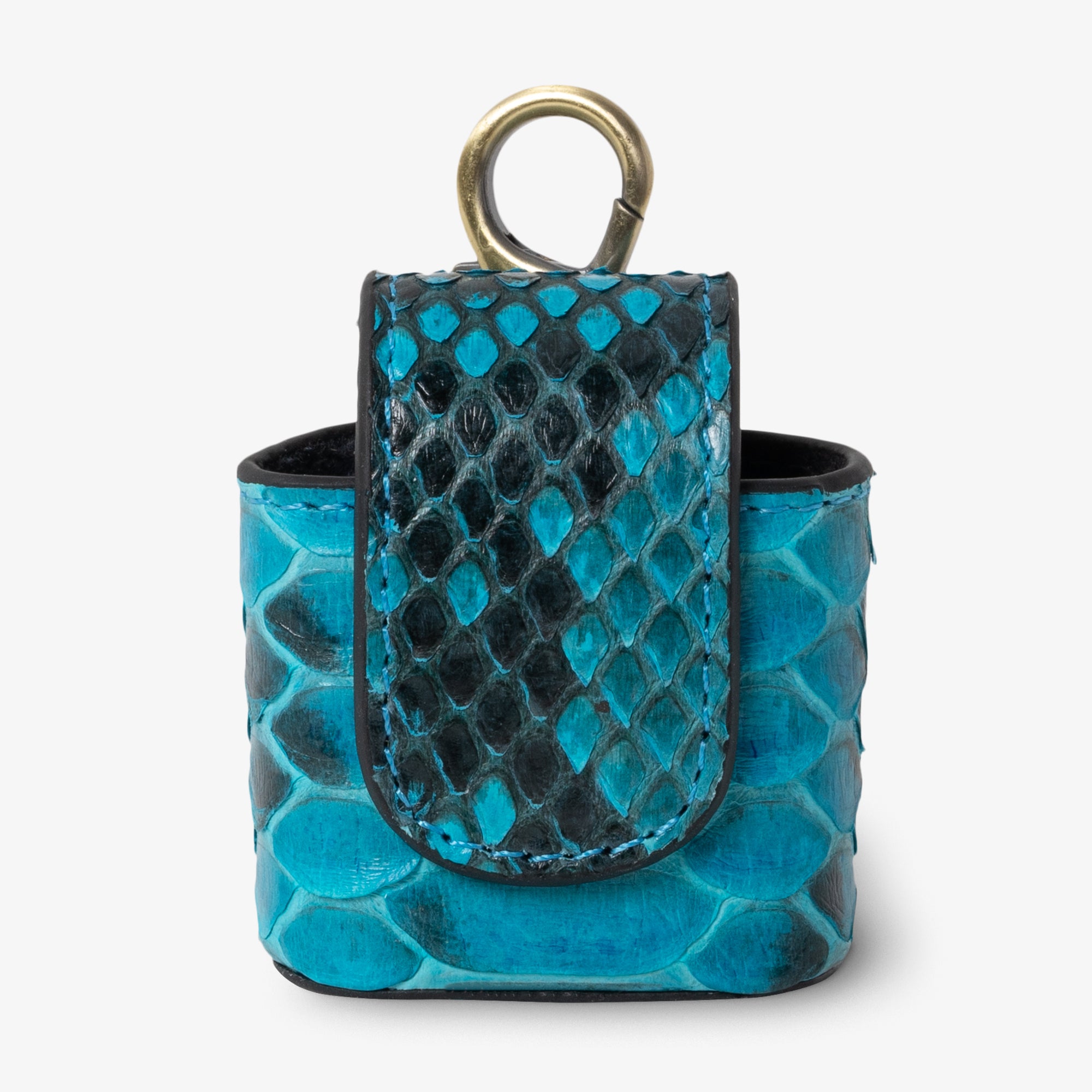 Coil AirPods case in Sky python leather, angled side view. Bold teal body scales contrast against darker, tightly patterned flap scales. Curved magnetic closure with black trim. Antique brass clip hardware.