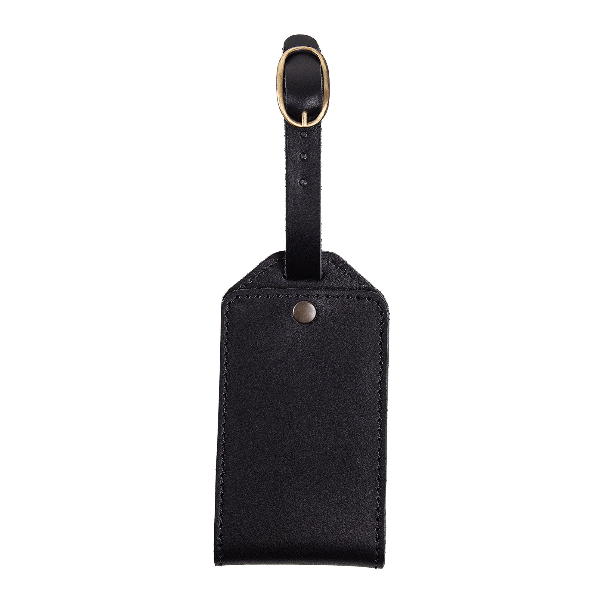Black Maui full-grain leather luggage tag with antique brass buckle and adjustable strap